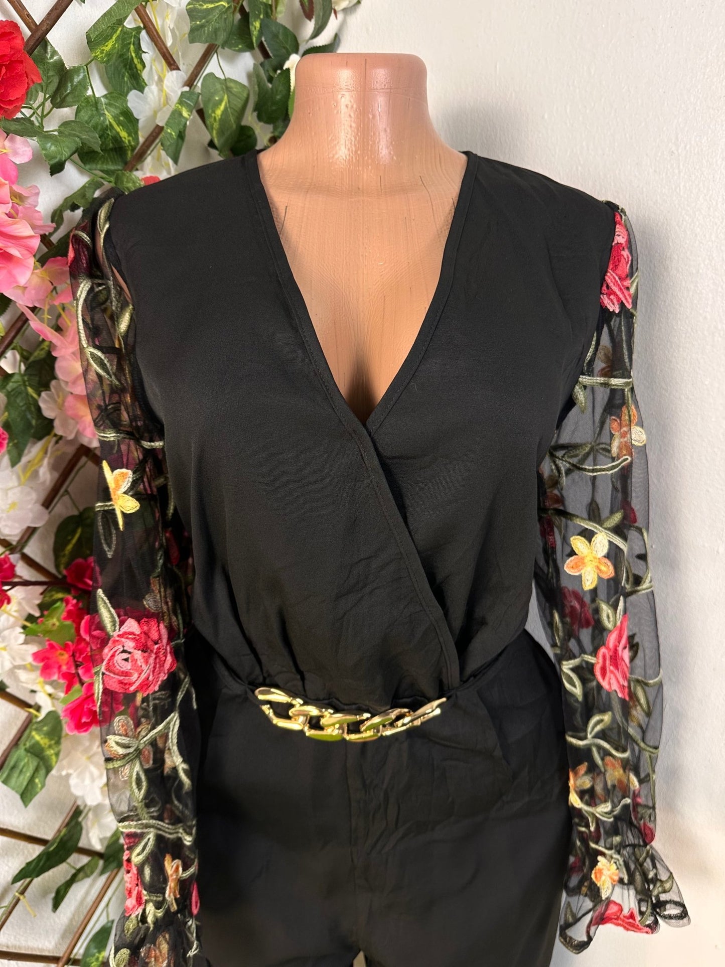 Combinaison élégante manche voilée avec motif de fleure - Perluna StorePerluna Store