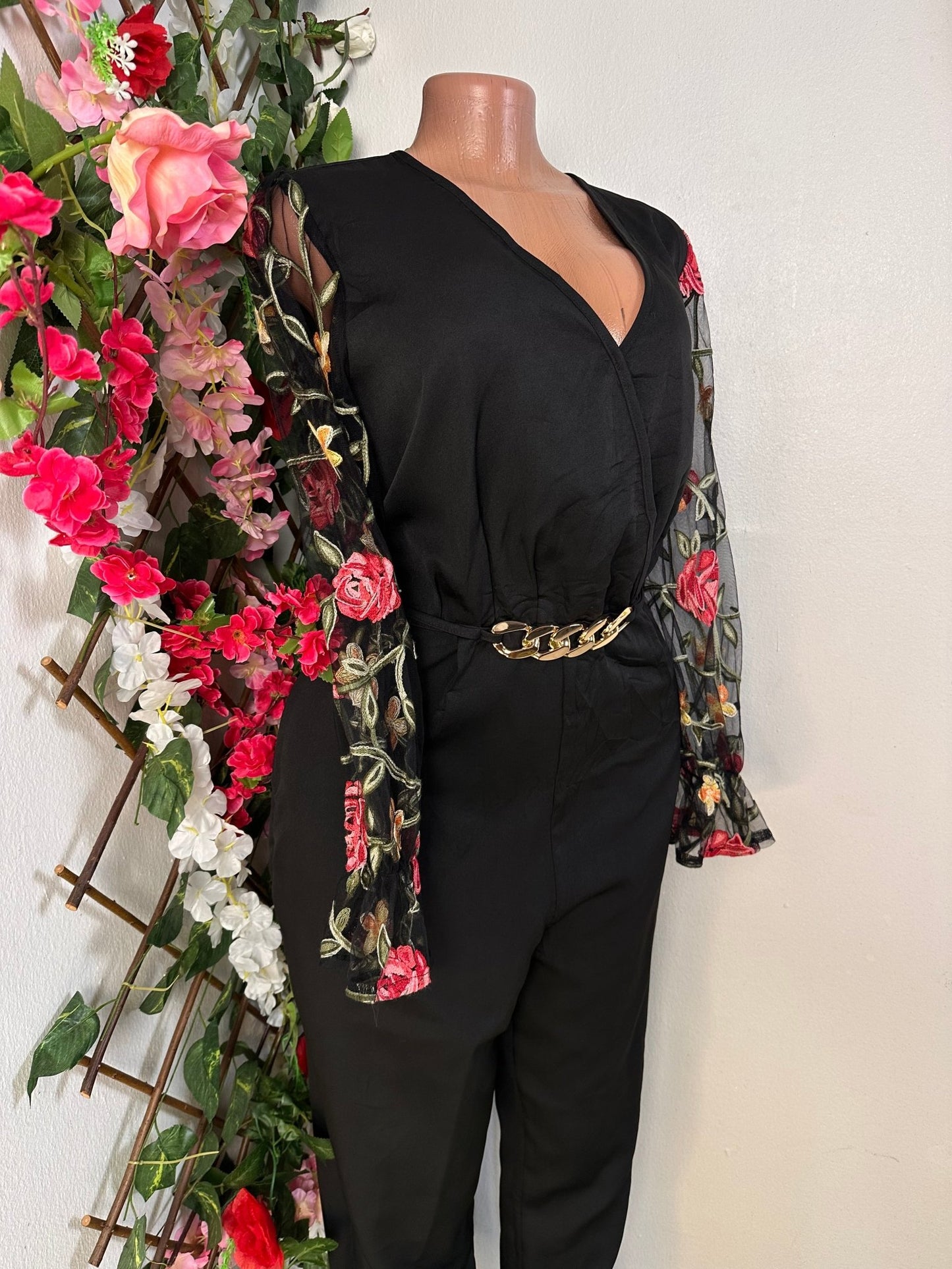 Combinaison élégante manche voilée avec motif de fleure - Perluna StorePerluna Store