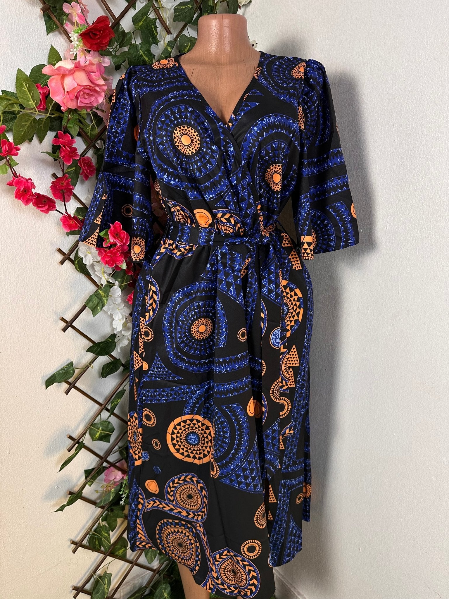 Robe croisée manche 3/4 avec fente imprimé pagne africaine - Perluna Store