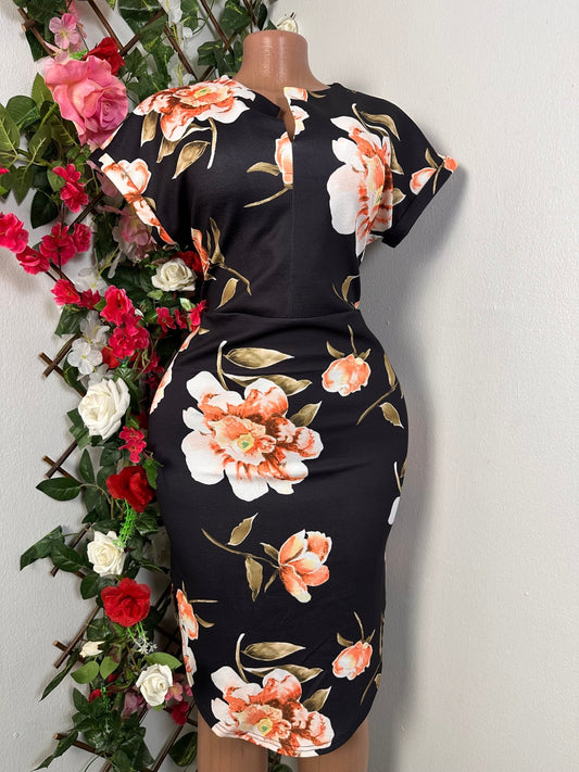 Robe droite mi longue manche courte à colle en V - Perluna Store