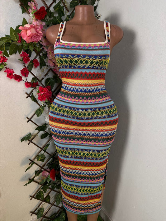 Robe de plage confortable mi longue colle carré avec fente - Perluna Store