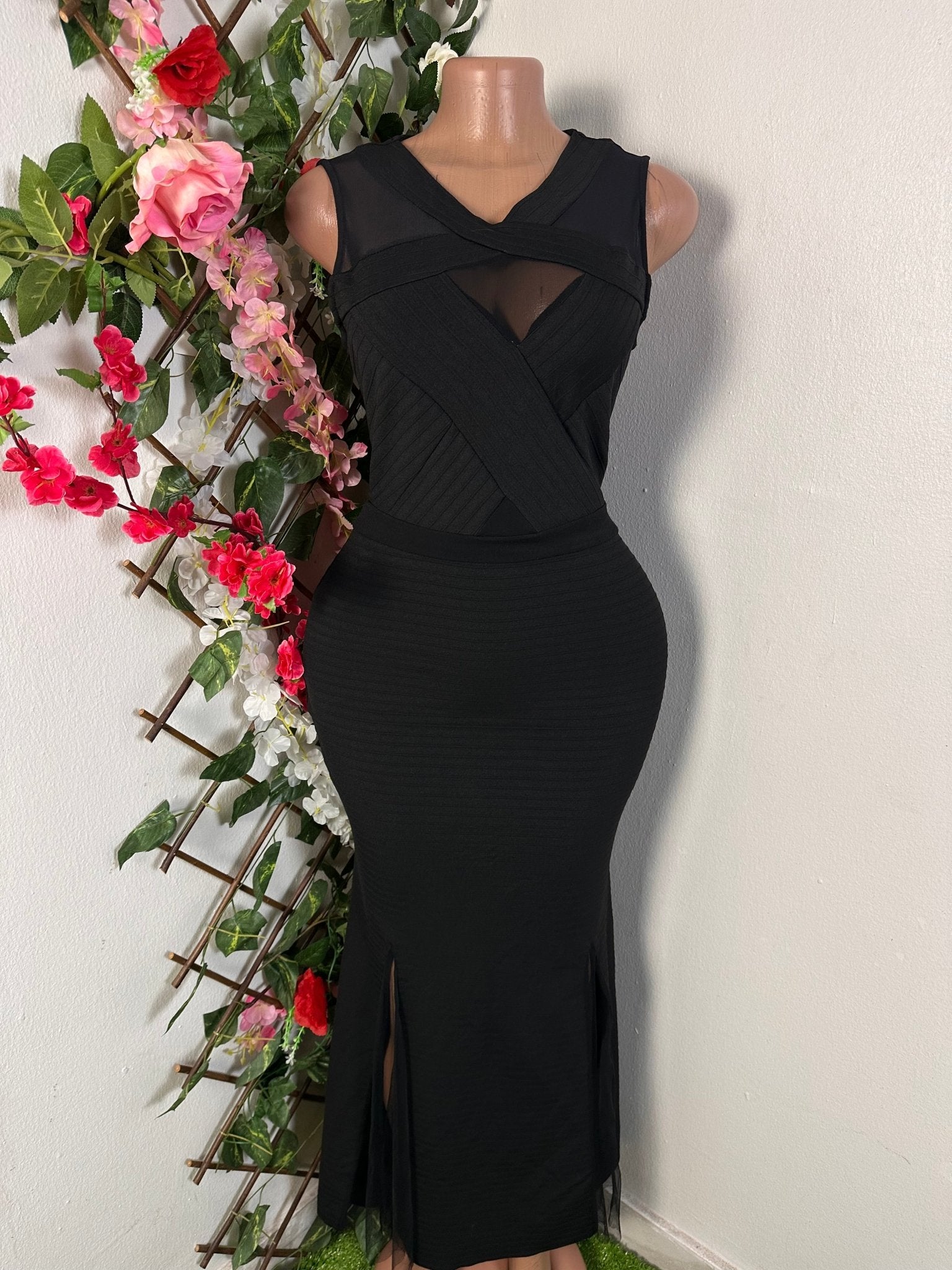 robe de soirée moulante longue à double fente voilé sans manche - Perluna Store