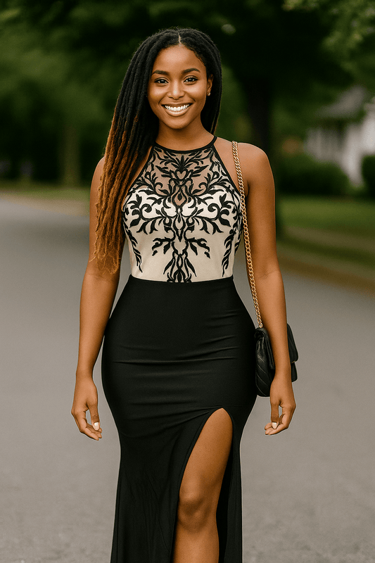 Robe moulante à broderie et dos croisé - Perluna Store - kinshasa