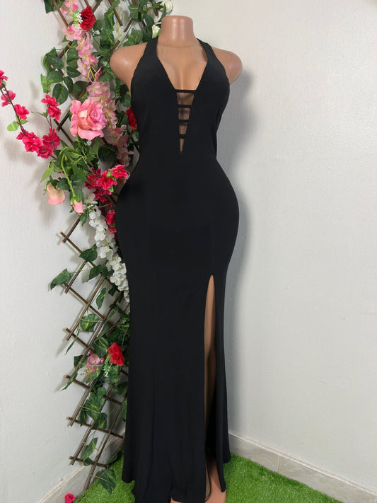 Robe soirée élégante longue sans manche avec fente, dos dénudé en lacée décolleté plongeant - Perluna Store - kinshasa