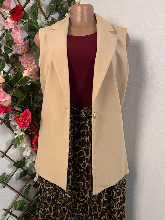 Veste pour femme mi longue couleur beige sans manche un bouton - Perluna Store - kinshasa