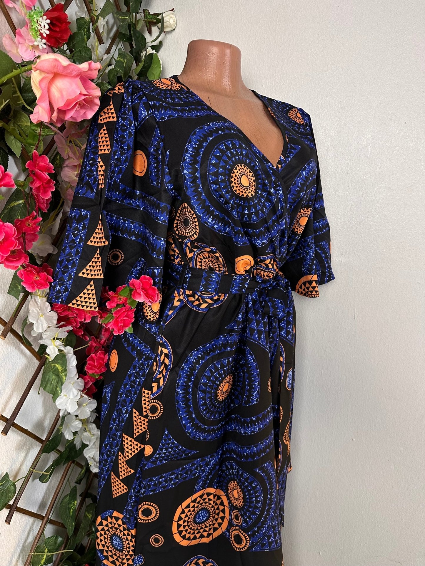 Robe croisée manche 3/4 avec fente imprimé pagne africaine - Perluna Store