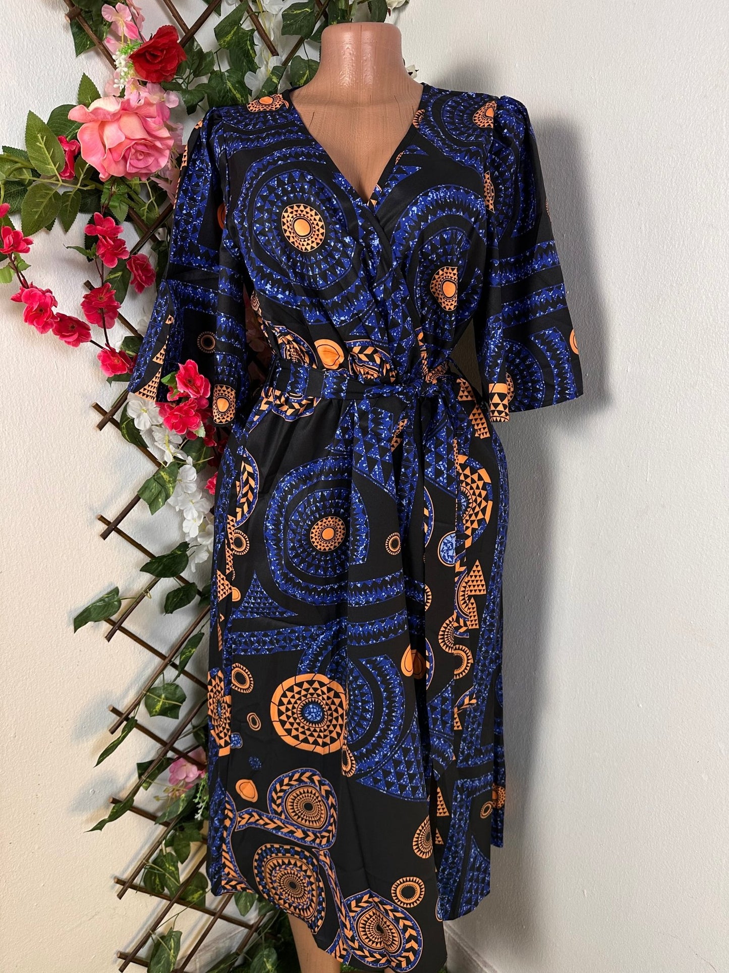Robe croisée manche 3/4 avec fente imprimé pagne africaine - Perluna Store