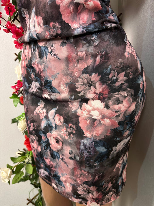 Robe genou colle rond manche courte inmprimé floral - Perluna Store