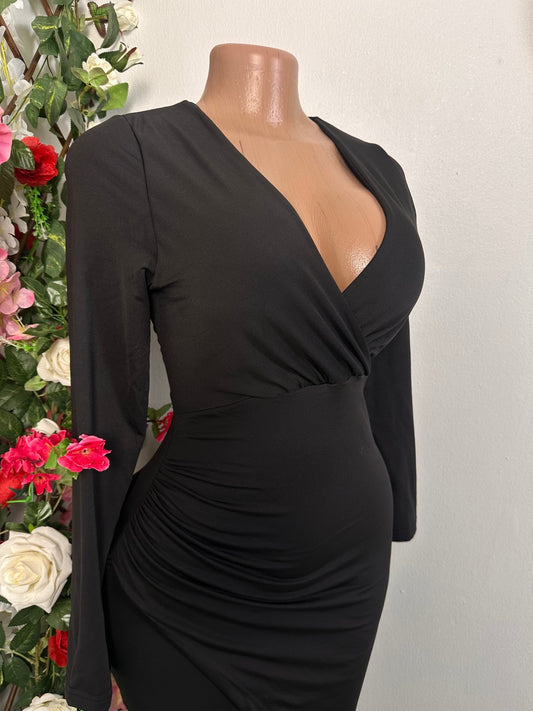 Robe moulante colle en V manche longue fente asymetrique - Perluna StorePerluna Store