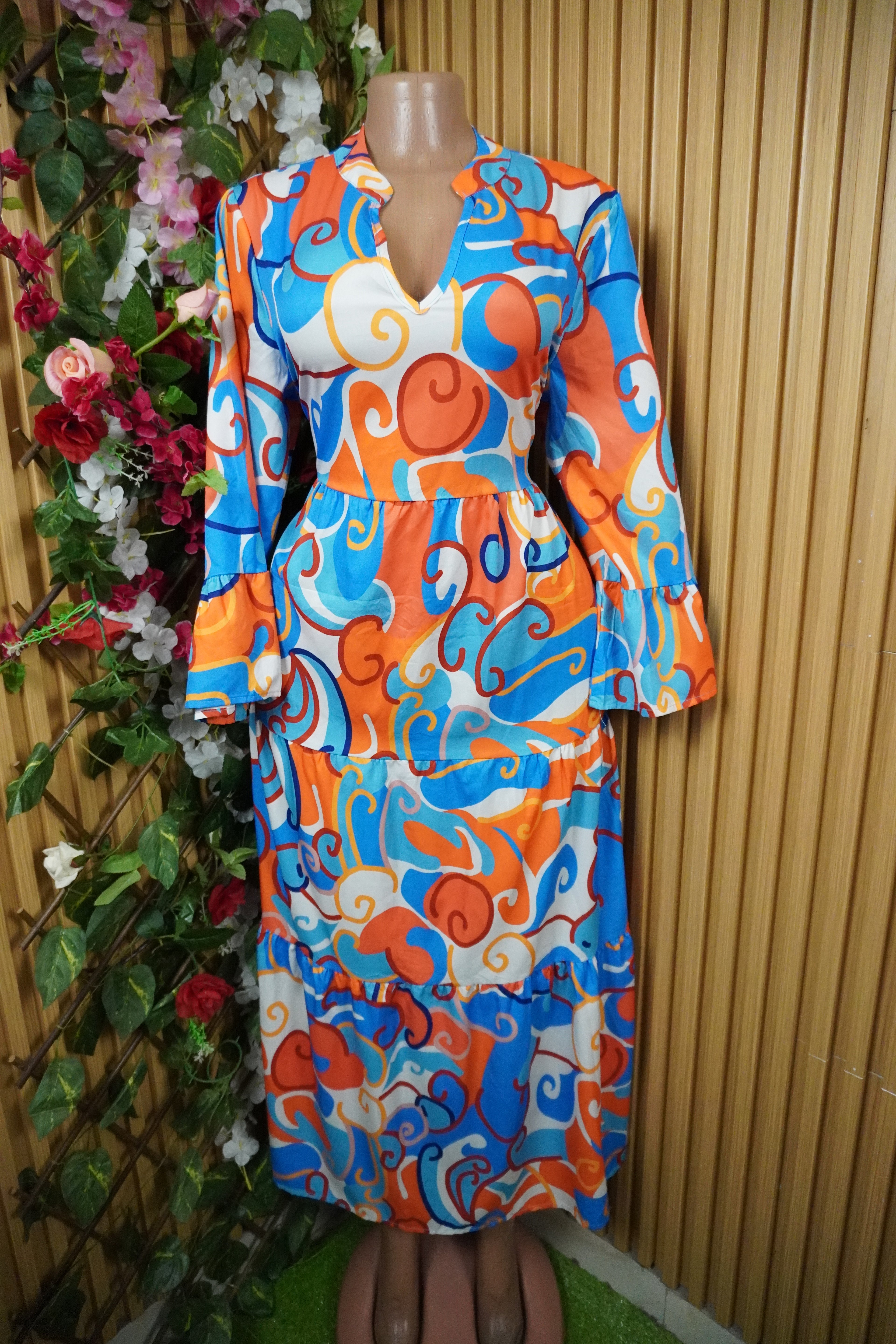 Robe évasée longue manches longues imprimée fleurie-M