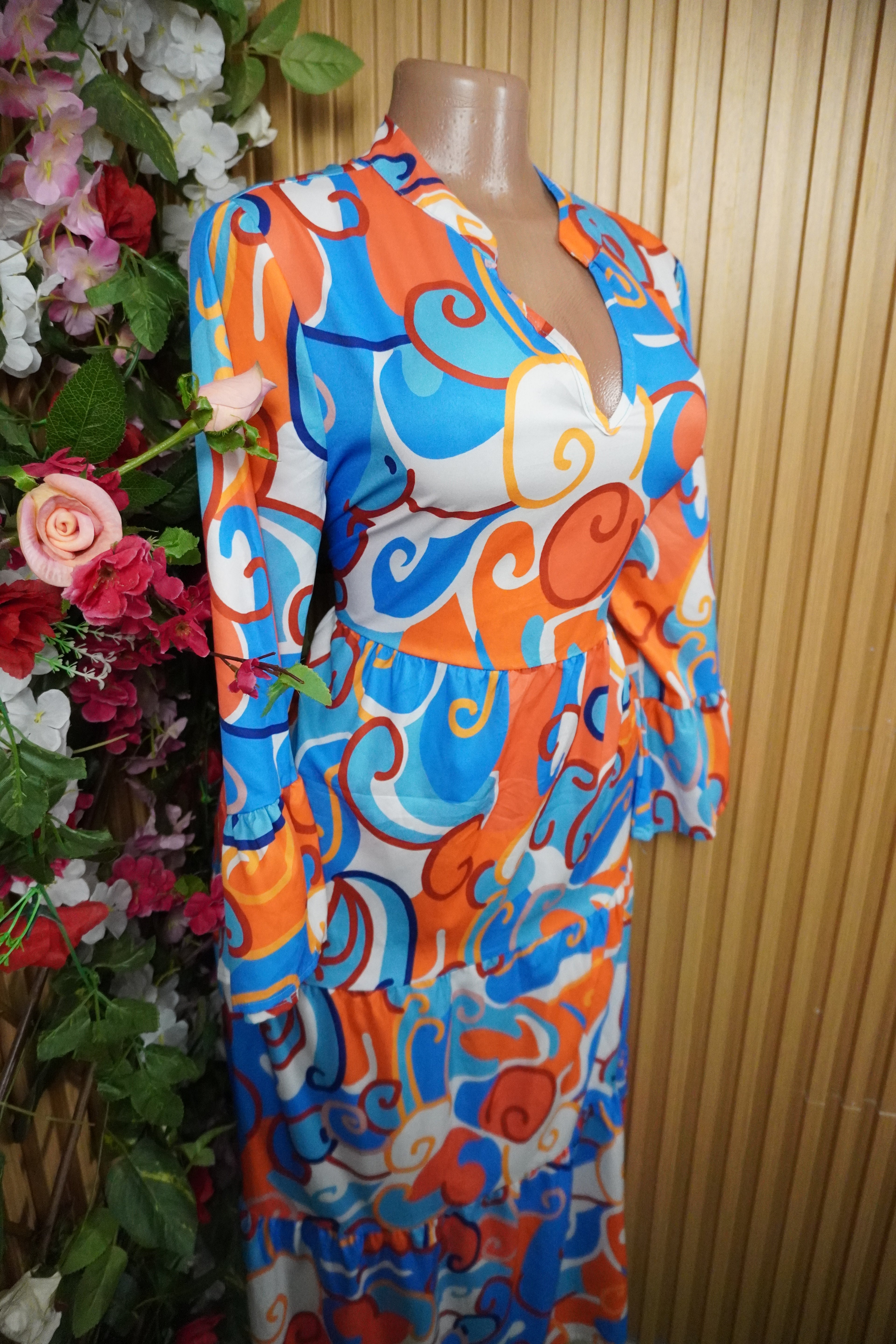 Robe évasée longue manches longues imprimée fleurie-M