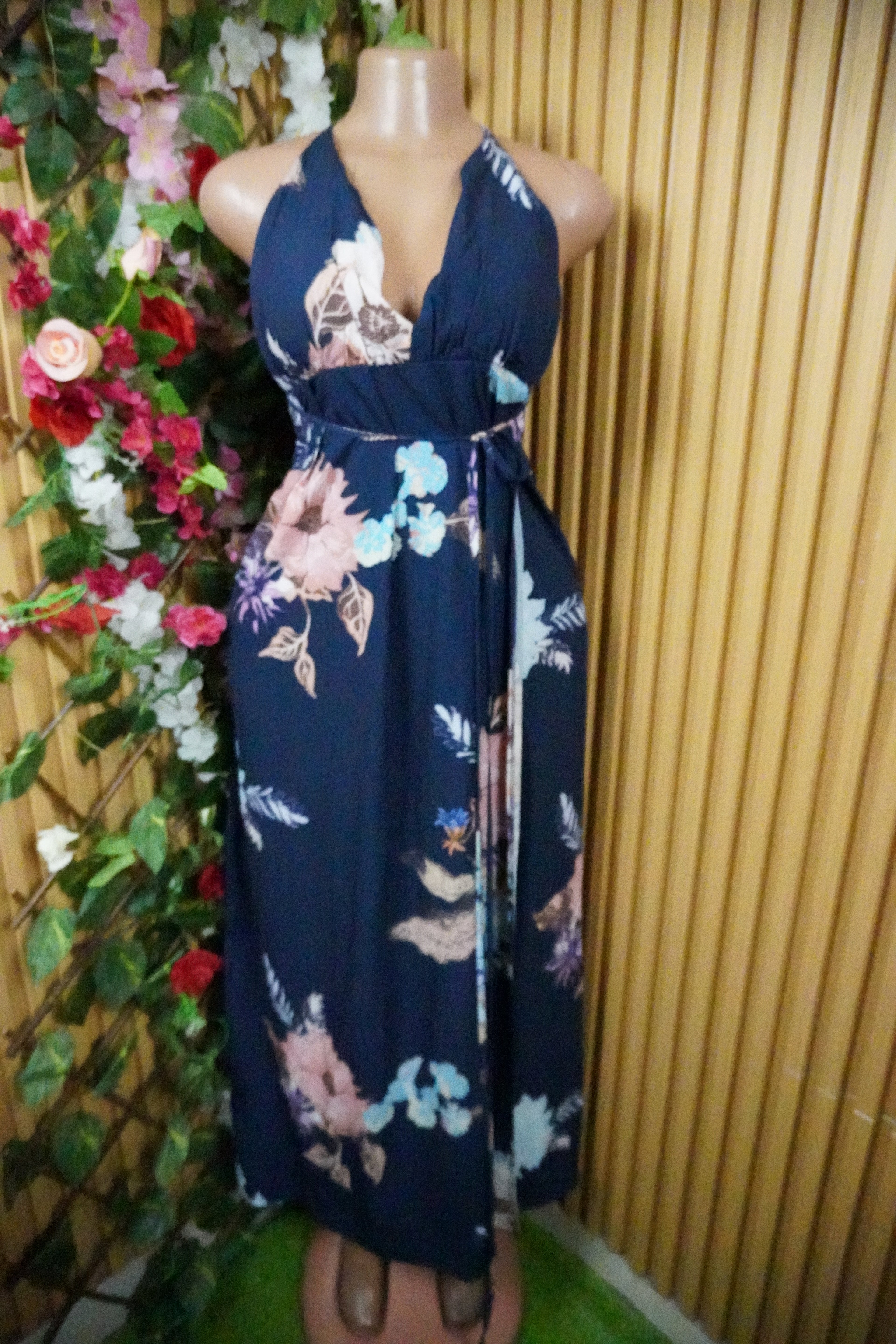 Robe évasée longue sans manches imprimée fleurie-S