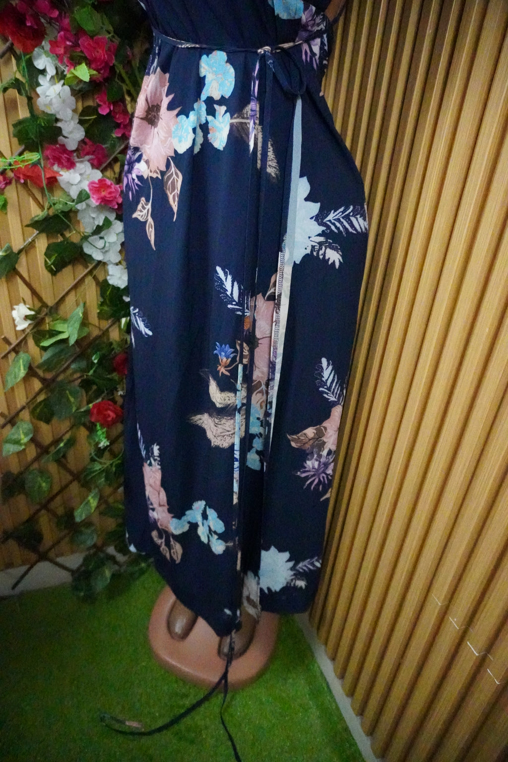Robe évasée longue sans manches imprimée fleurie-S