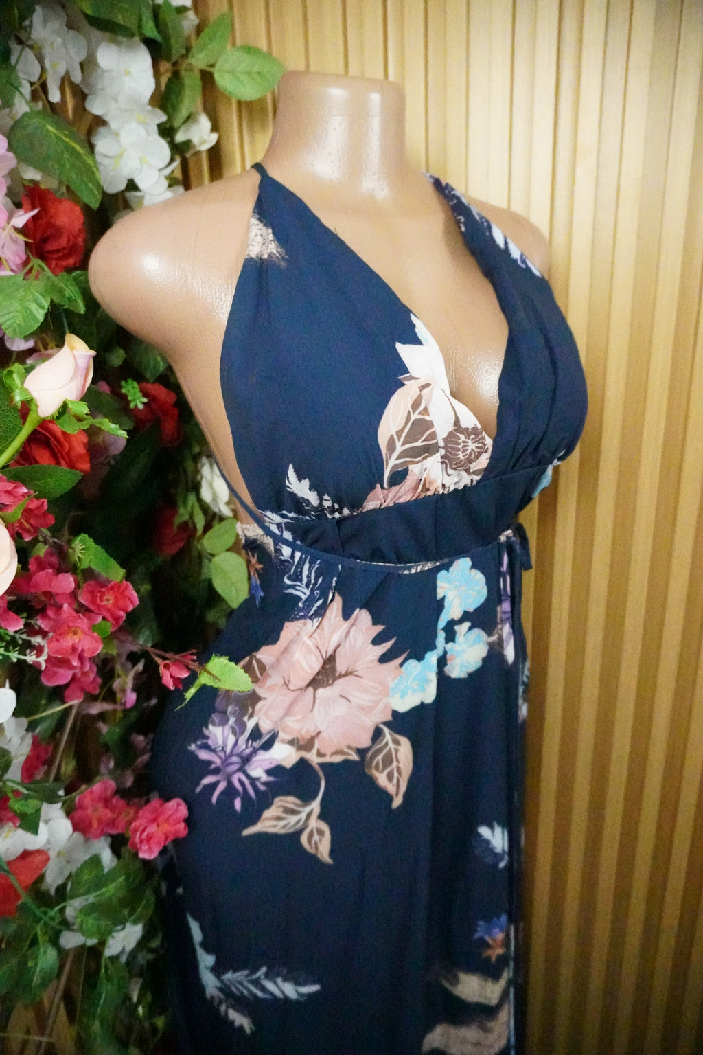 Robe évasée longue sans manches imprimée fleurie-S