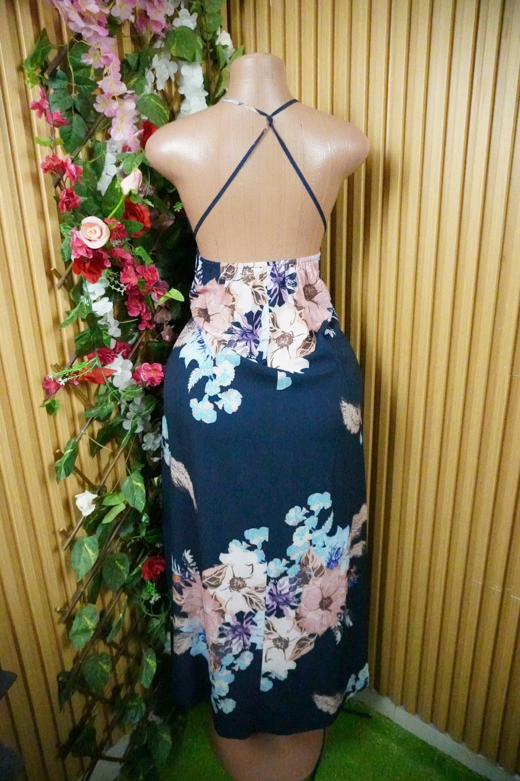 Robe évasée longue sans manches imprimée fleurie-S