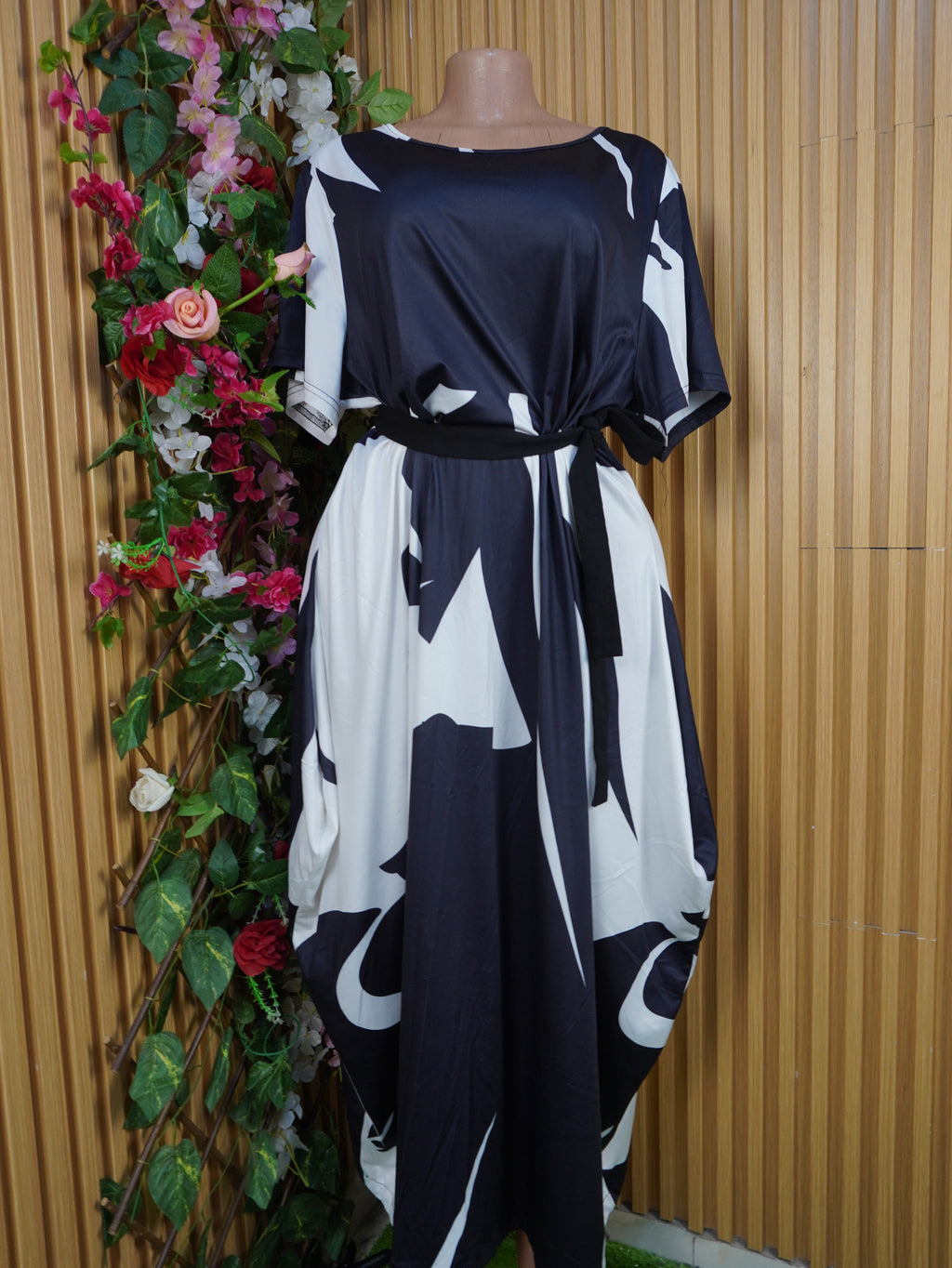 Robe évasée longue manches courtes ceintrée-XXXXL