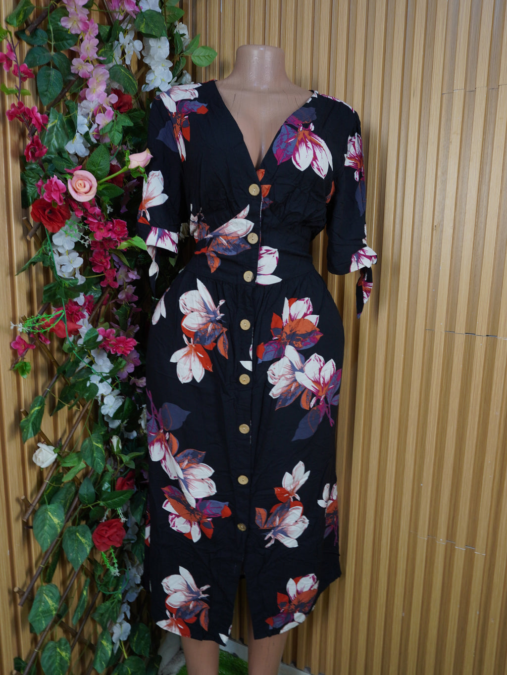 Robe évasée manches courtes imprimée fleurie-XL