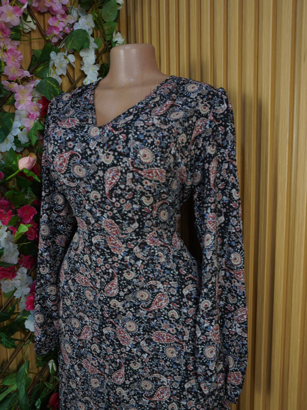 Robe évasée mi-longue manches longues imprimée fleurie-L