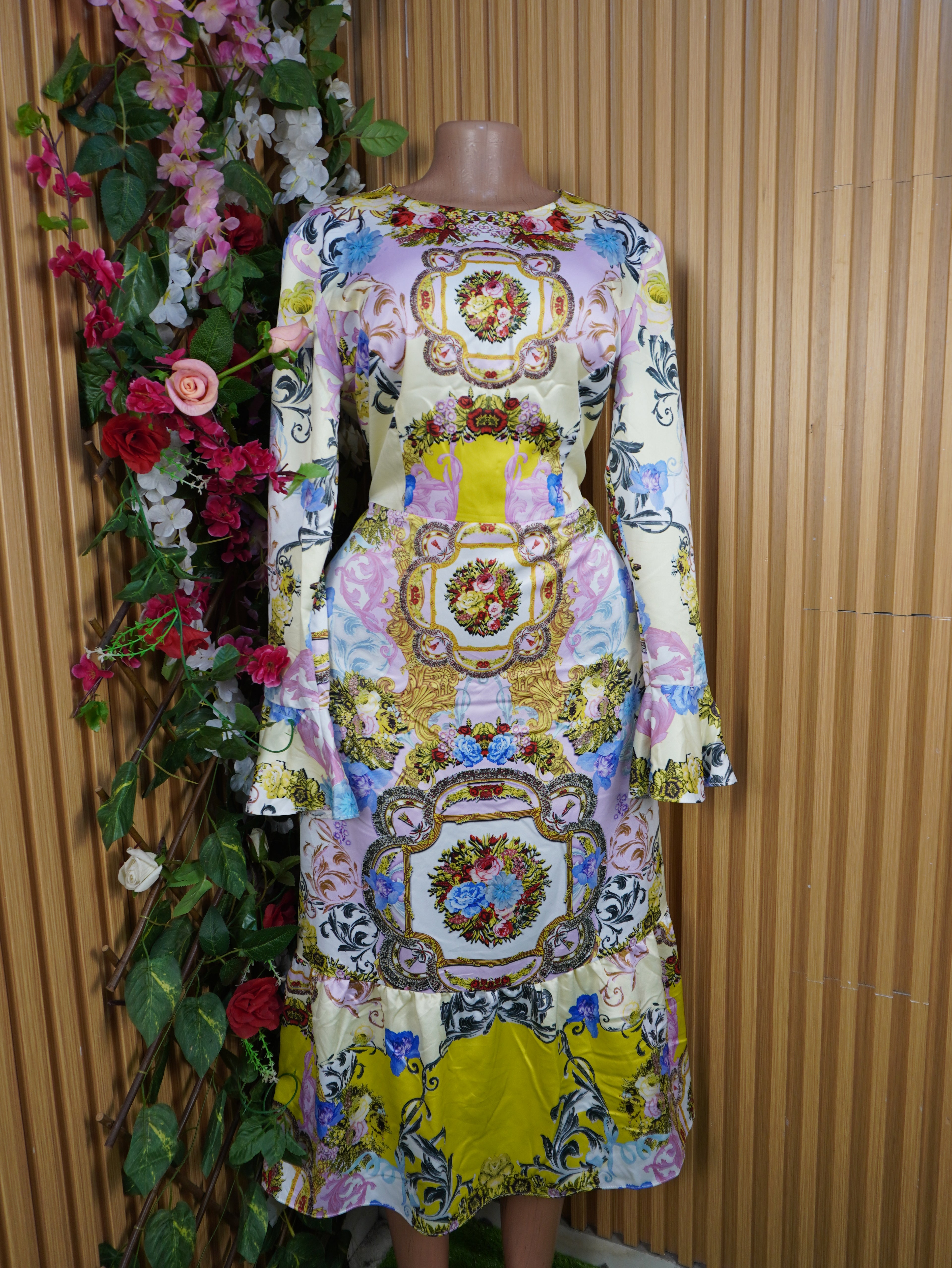 Robe évasée mi-longue manches longues imprimée fleurie-XL