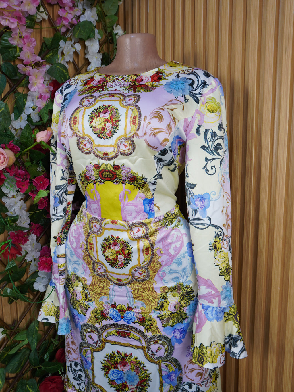 Robe évasée mi-longue manches longues imprimée fleurie-XL