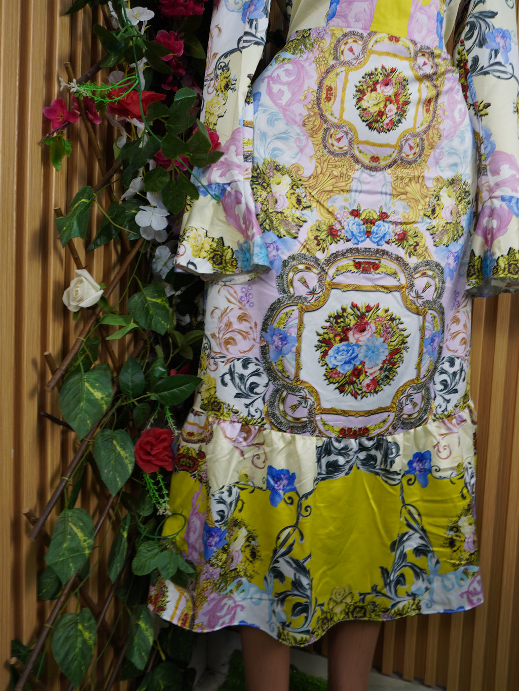 Robe évasée mi-longue manches longues imprimée fleurie-XL
