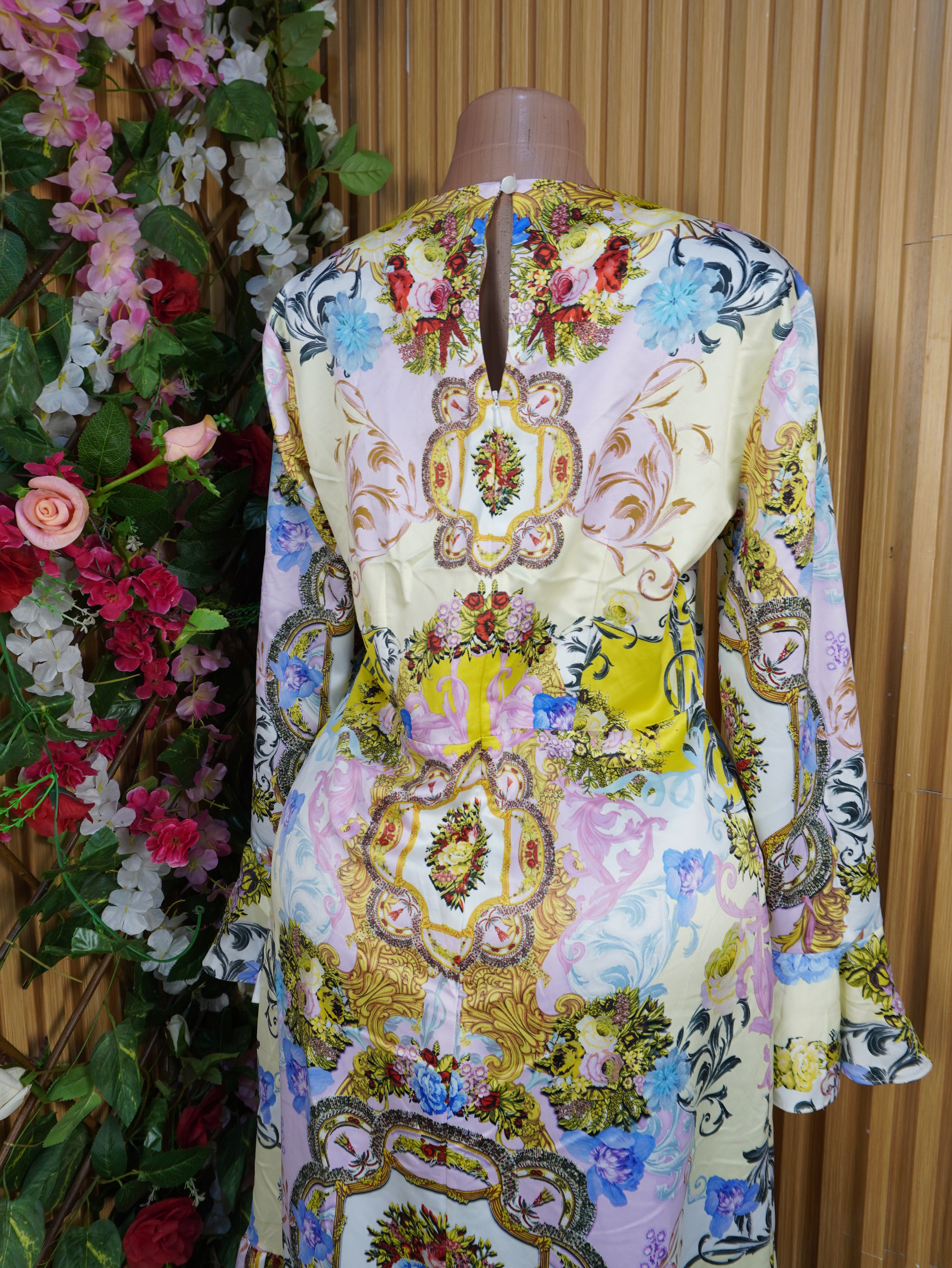 Robe évasée mi-longue manches longues imprimée fleurie-XL