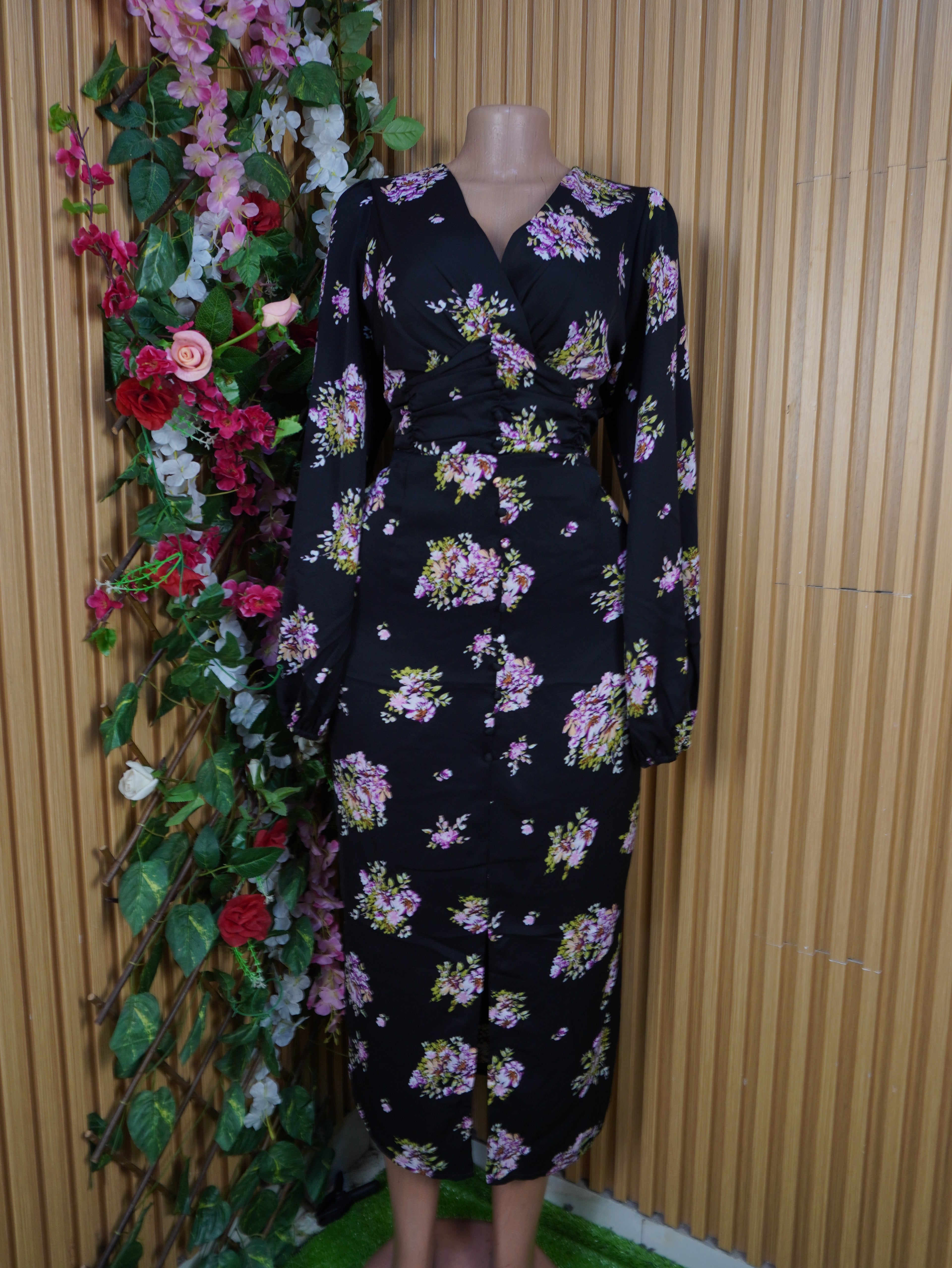 Robe évasée mi-longue manches longues imprimée fleurie-XL