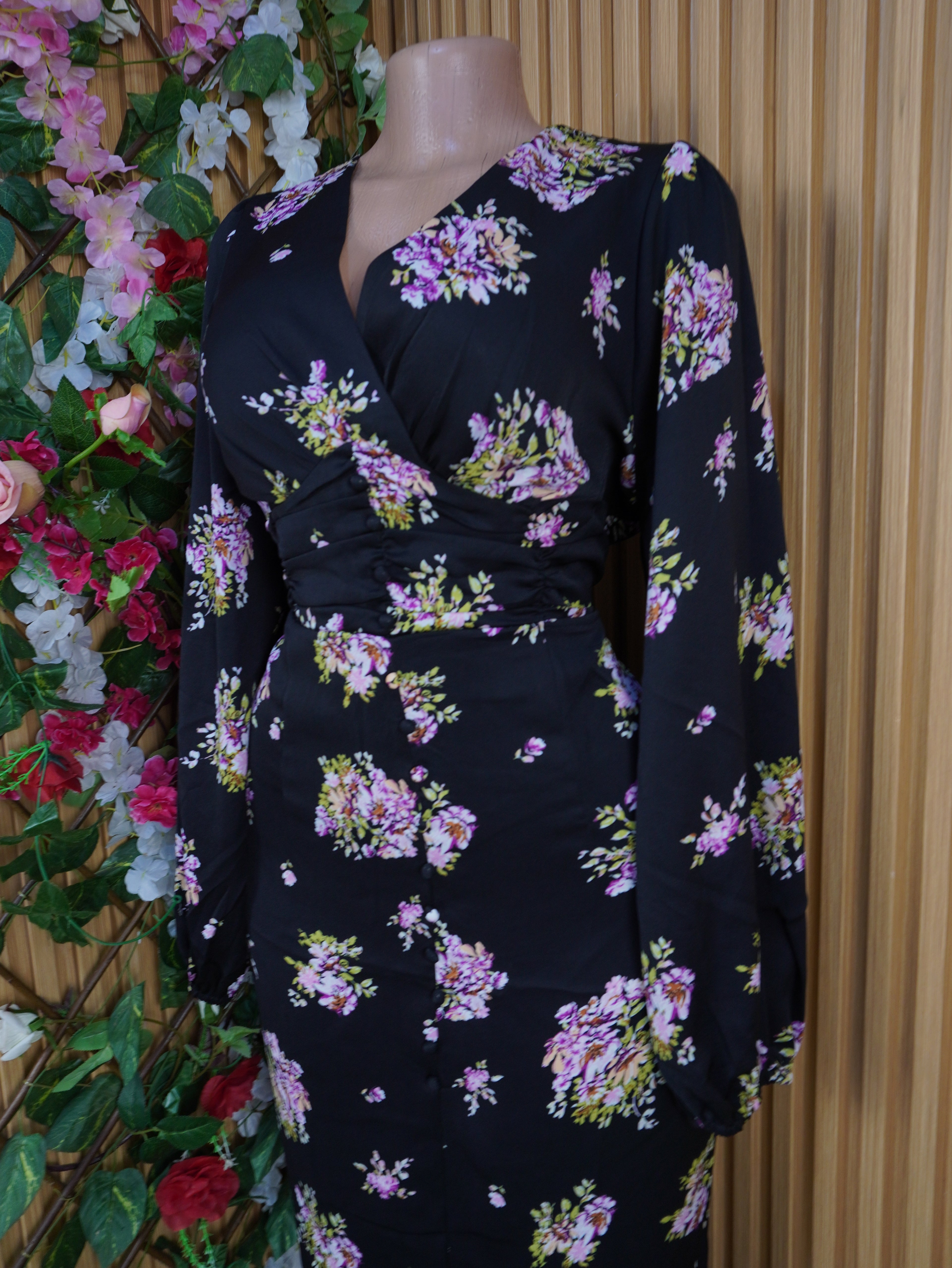 Robe évasée mi-longue manches longues imprimée fleurie-XL