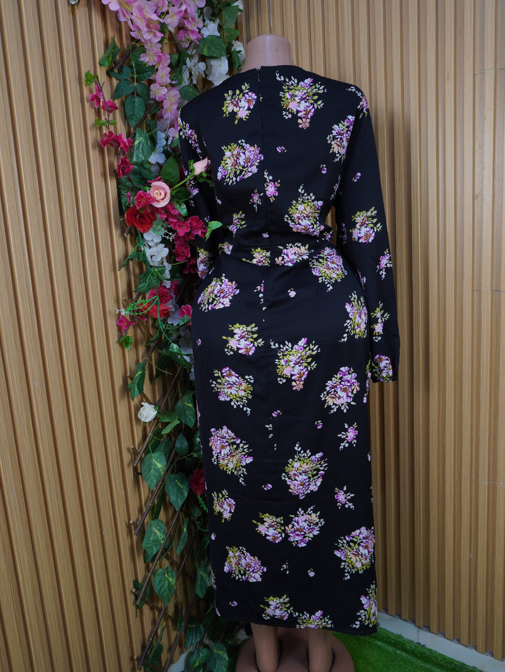 Robe évasée mi-longue manches longues imprimée fleurie-XL