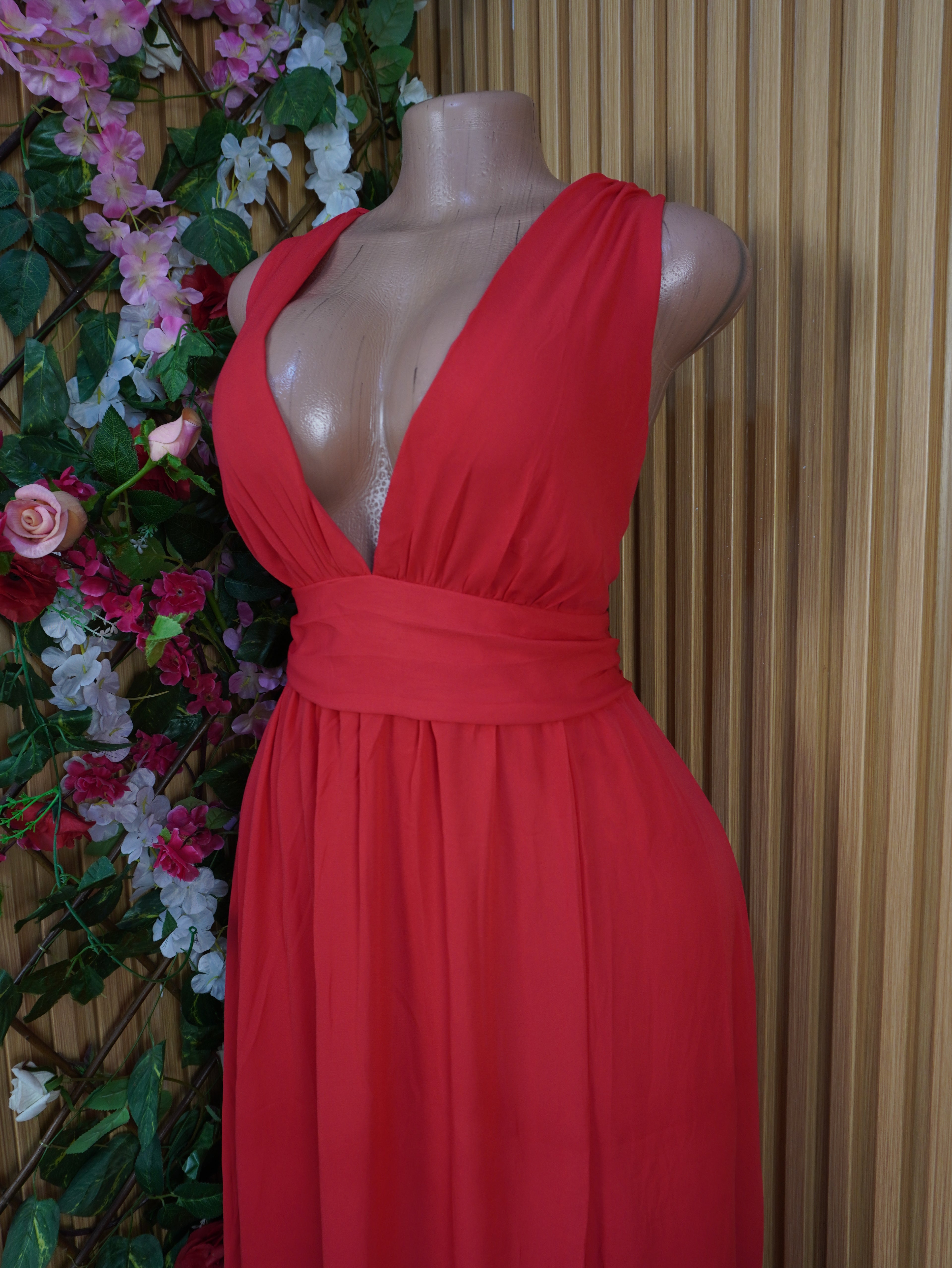 Robe évasée longue sans manches plissée col-V-XL