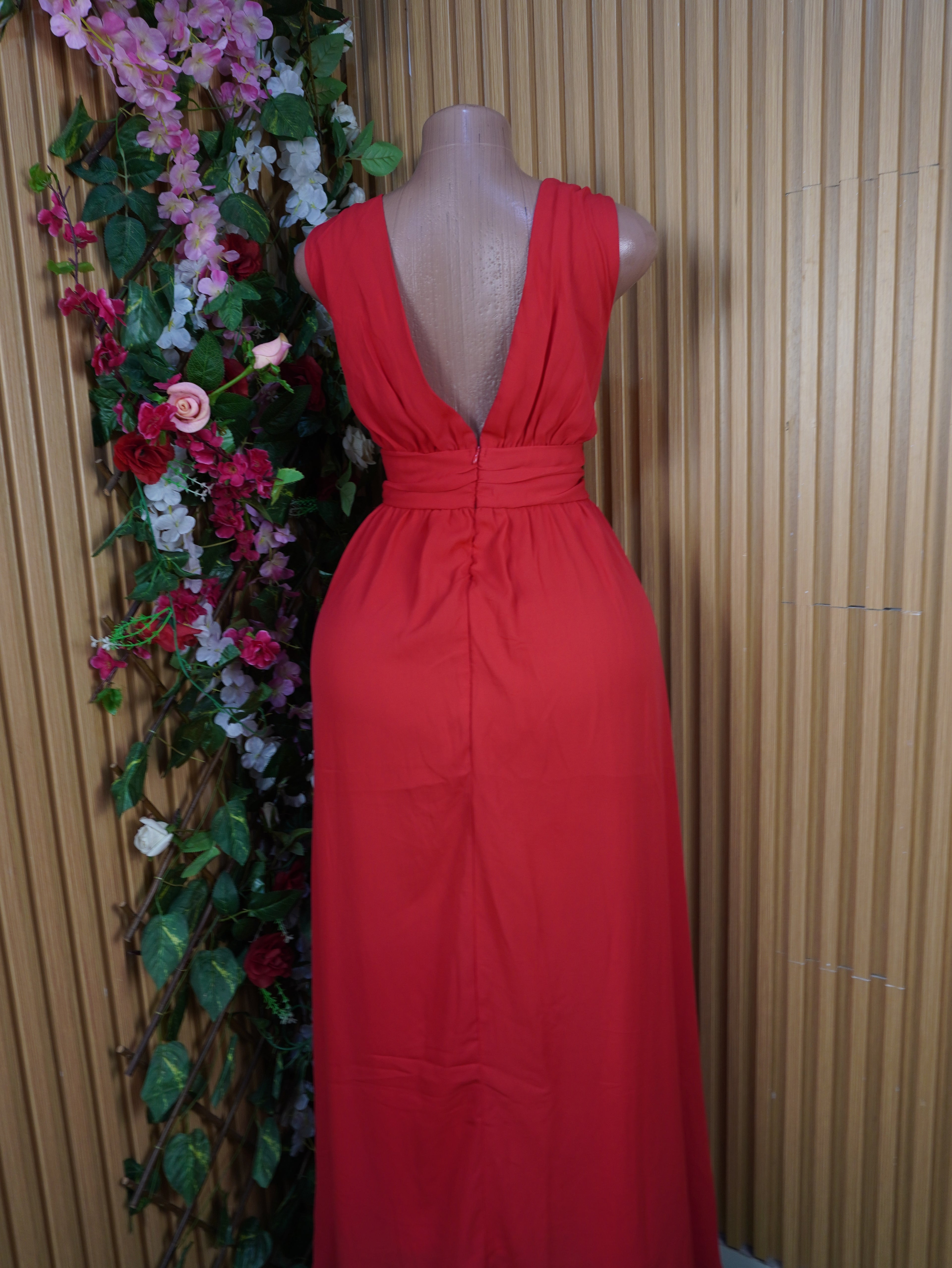 Robe évasée longue sans manches plissée col-V-XL