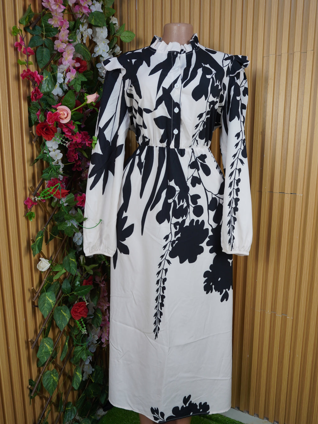 Robe évasée manches longues imprimée fleurie-L