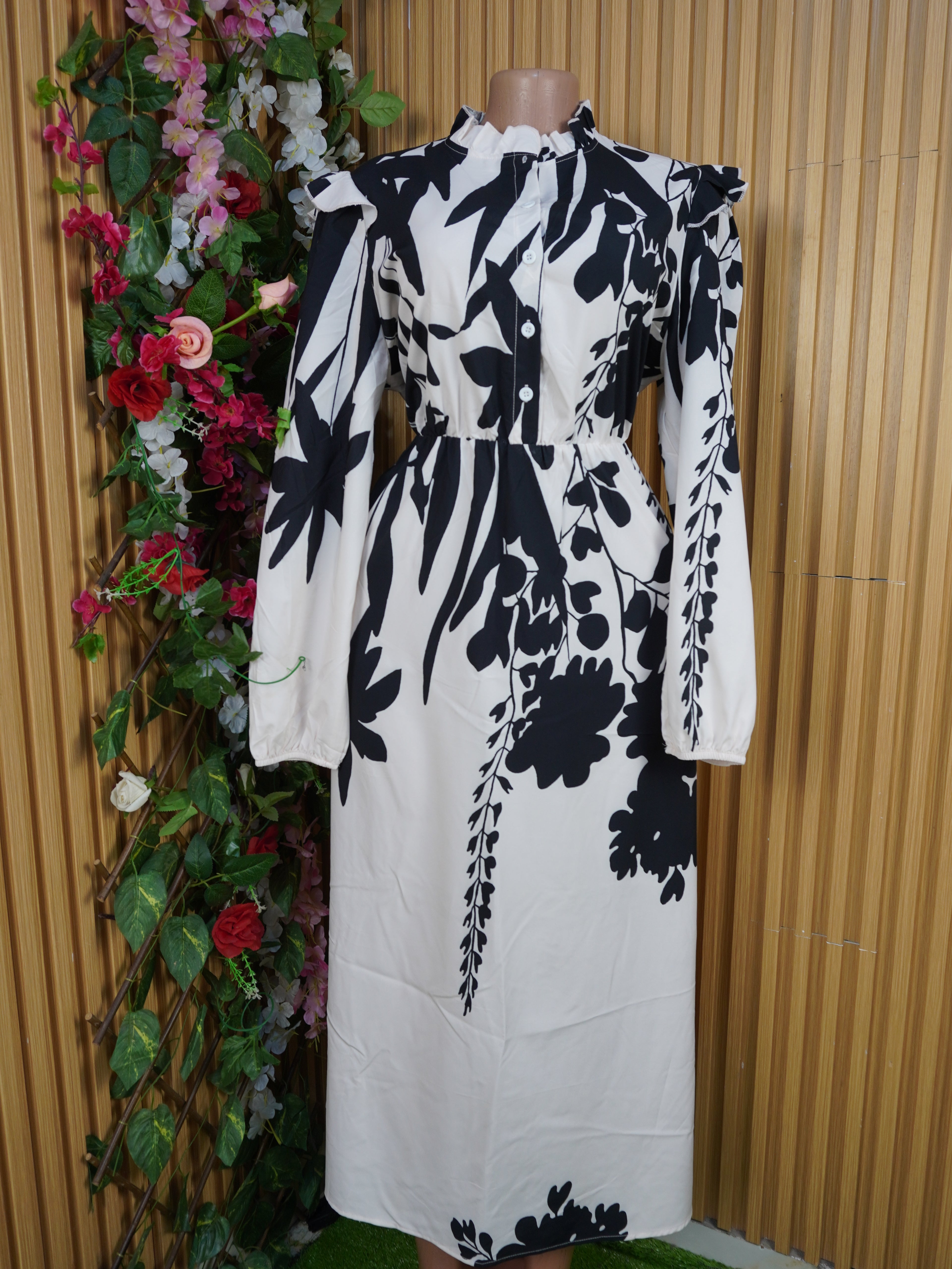 Robe évasée manches longues imprimée fleurie-L