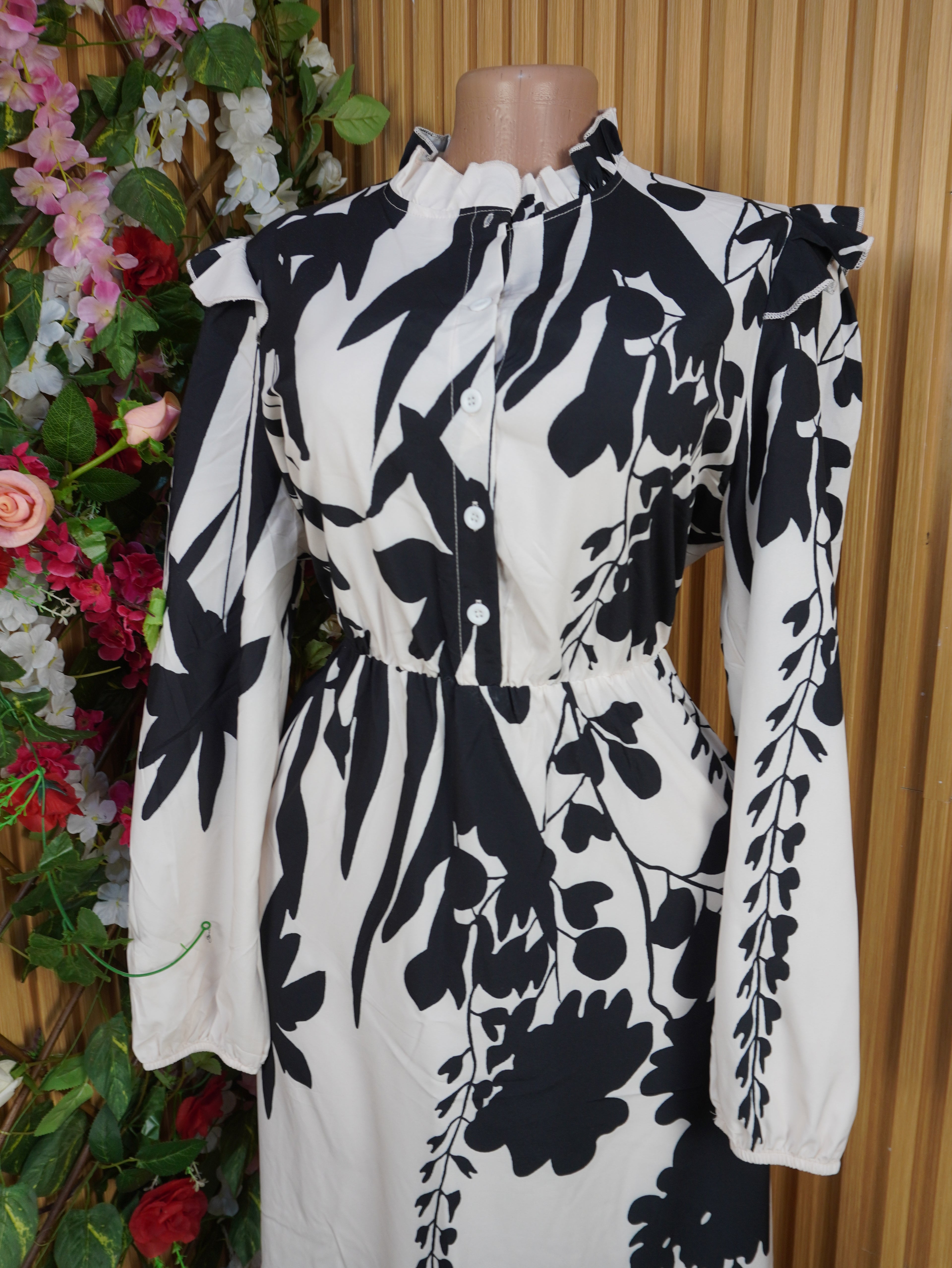 Robe évasée manches longues imprimée fleurie-L