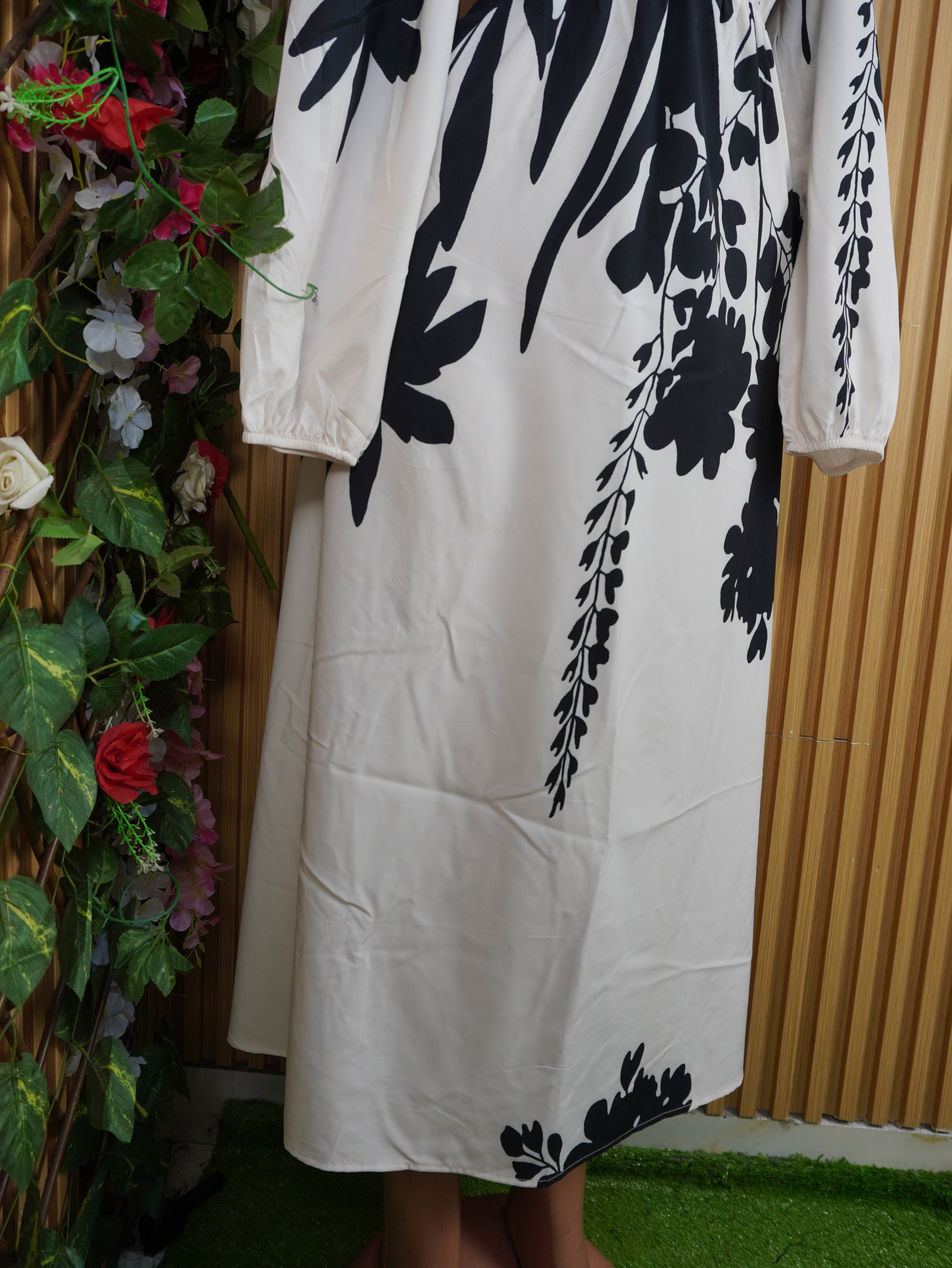 Robe évasée manches longues imprimée fleurie-L