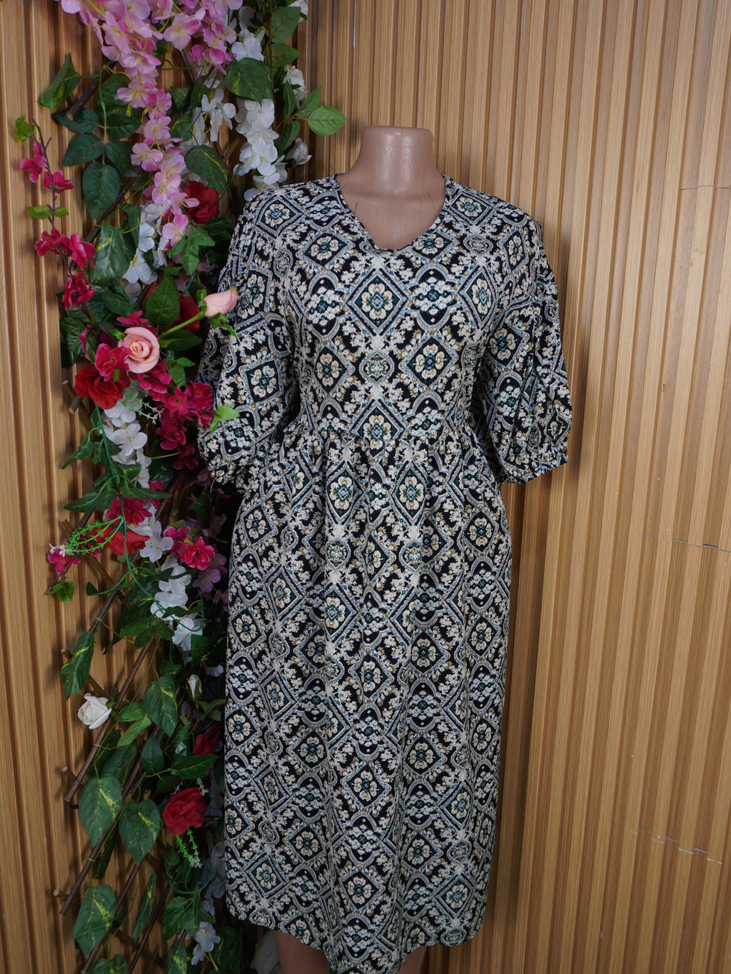 Robe évasée mi-longue manches courtes-XXL