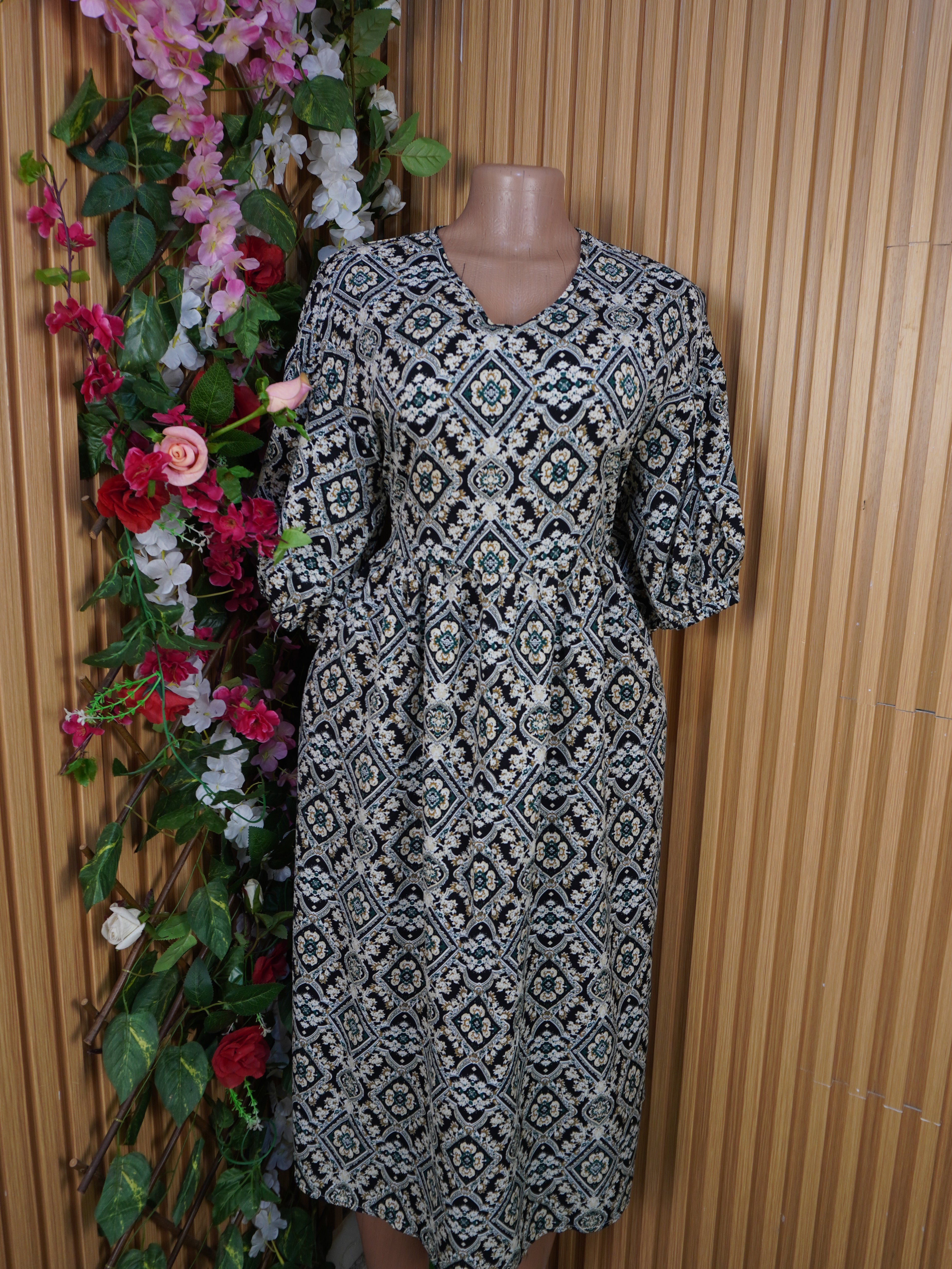 Robe évasée mi-longue manches courtes-XXL
