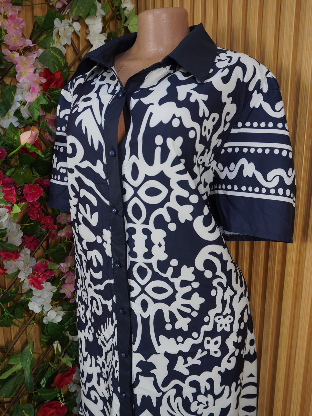 Robe évasée mi-longue manches courtes col chemise-XXXL