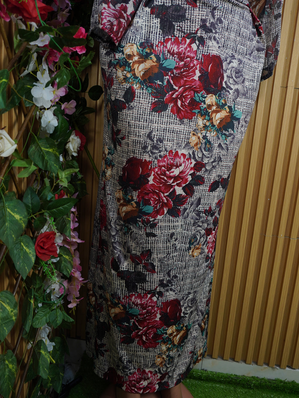 Robe moulante longue manches longues imprimée fleurie-L