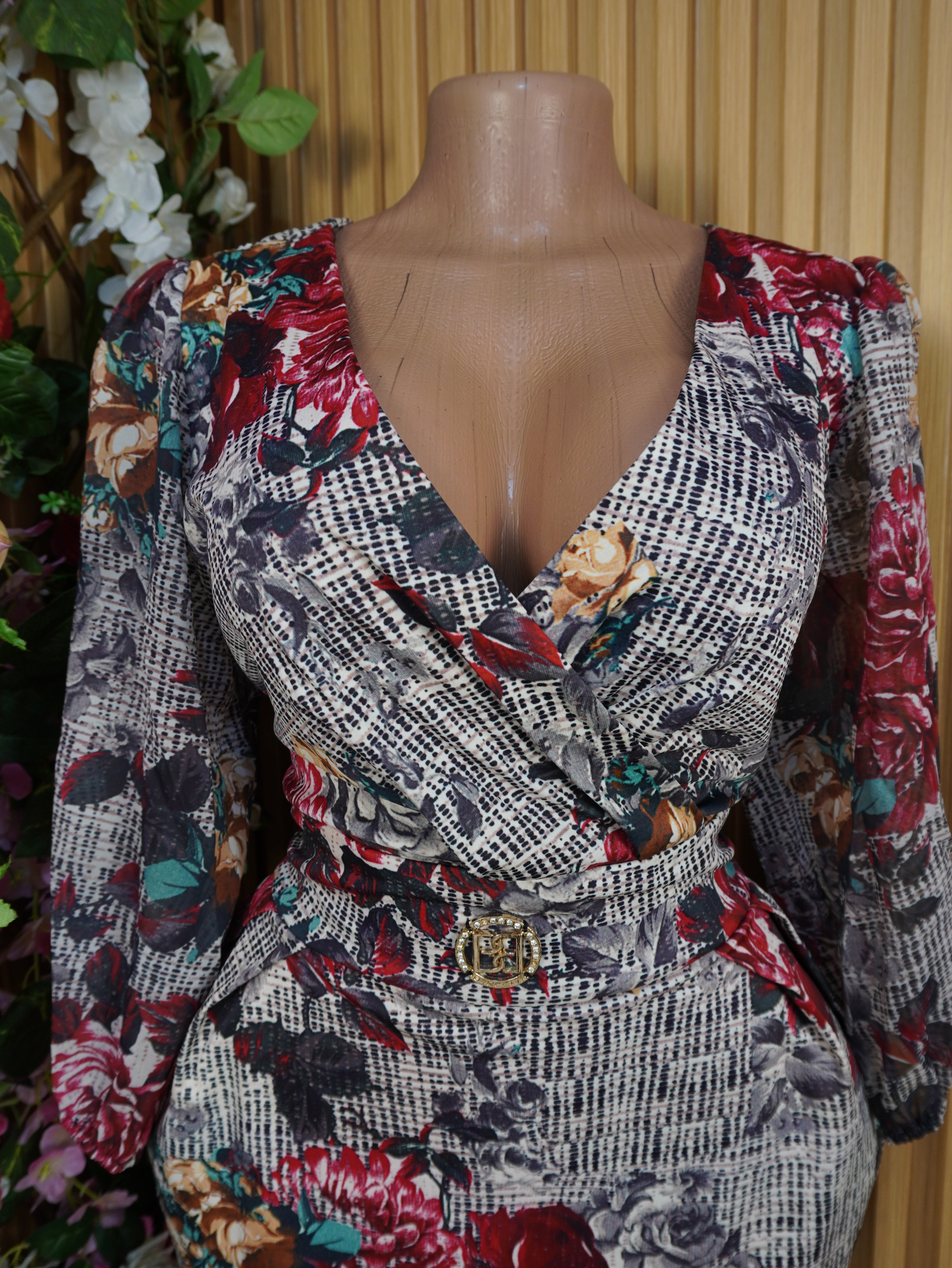 Robe moulante longue manches longues imprimée fleurie-L