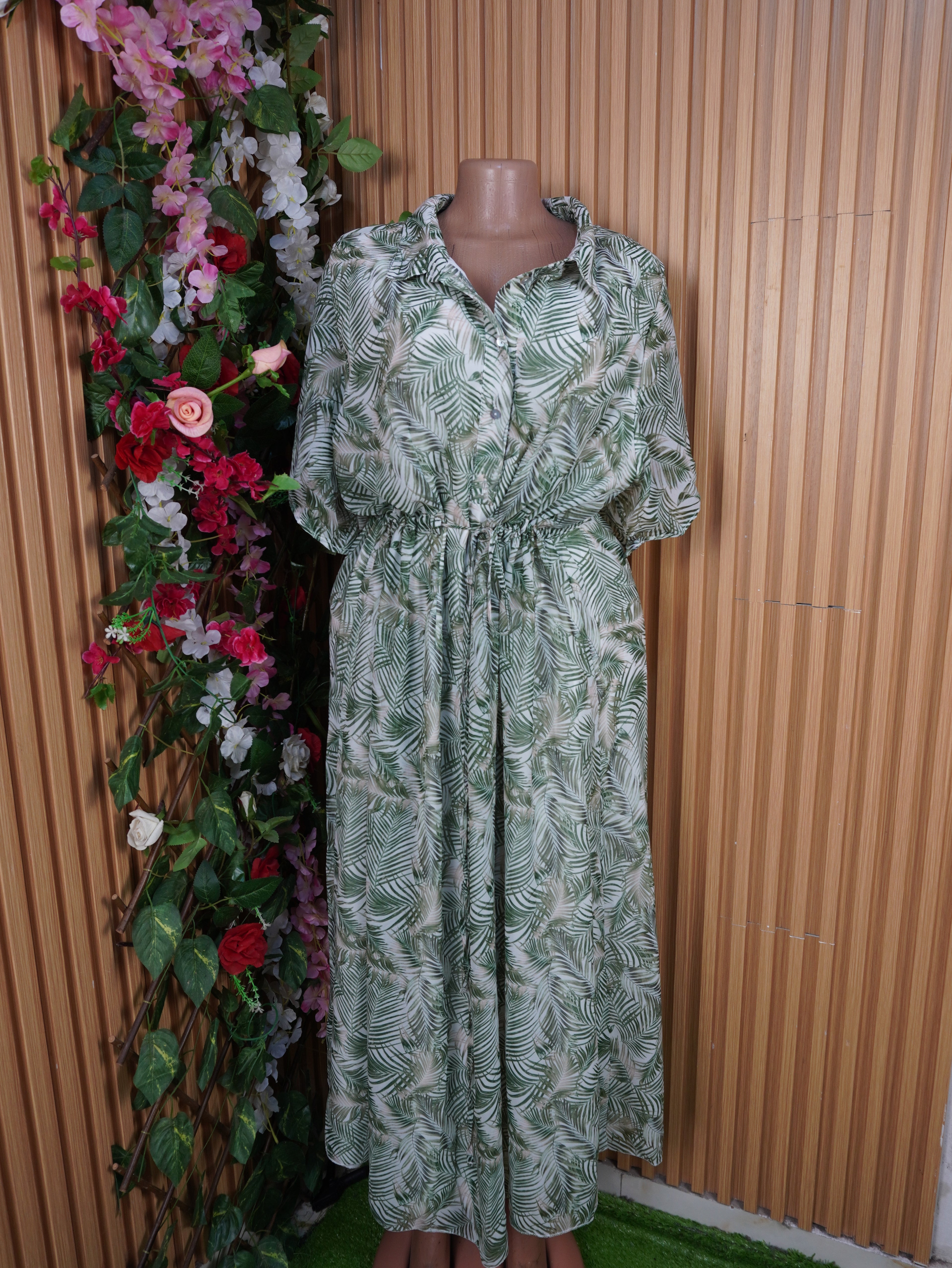 Robe évasée longue manches courtes ceintrée-XXL