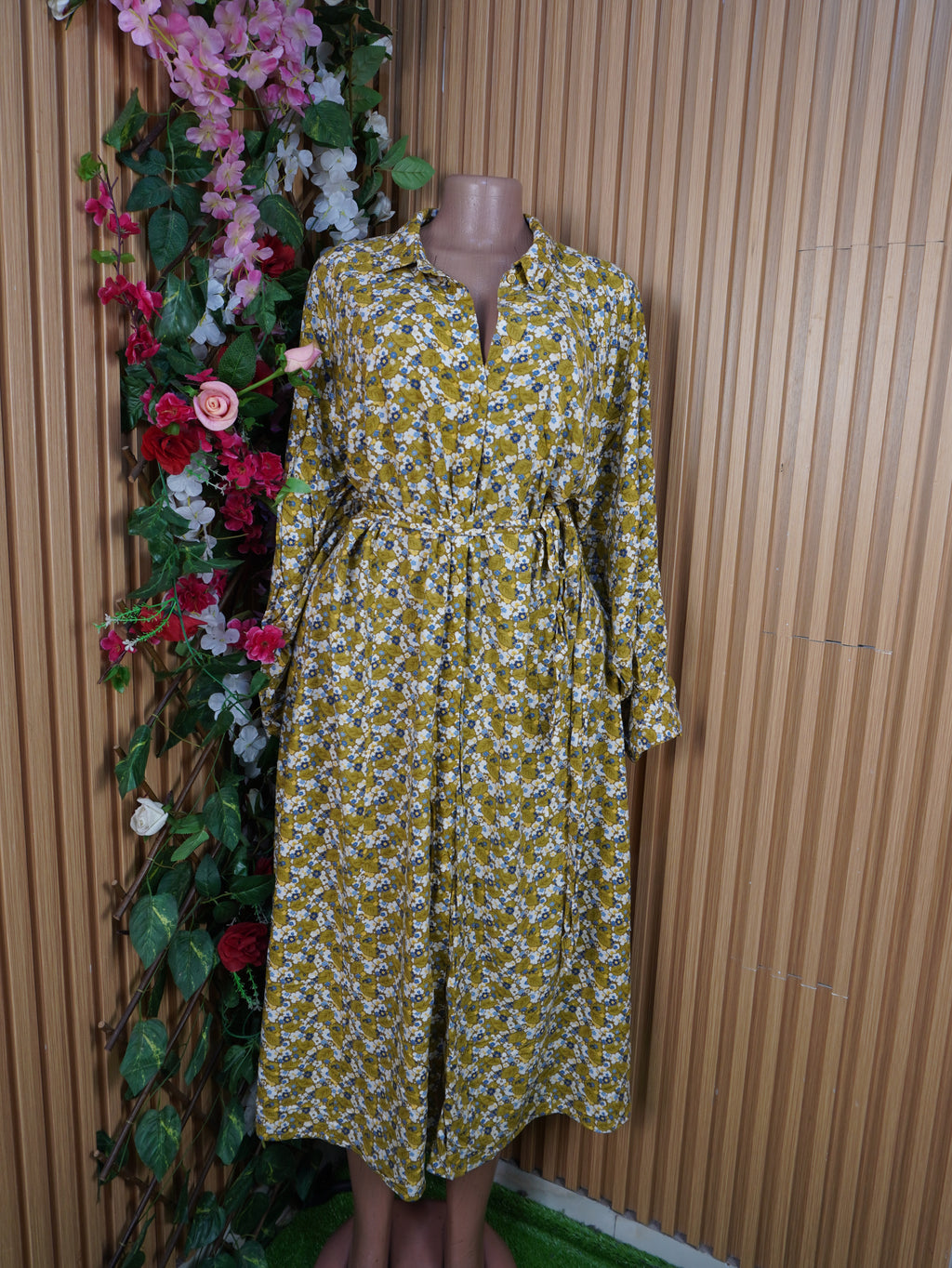 Robe évasée longue manches longues col chemise-XL