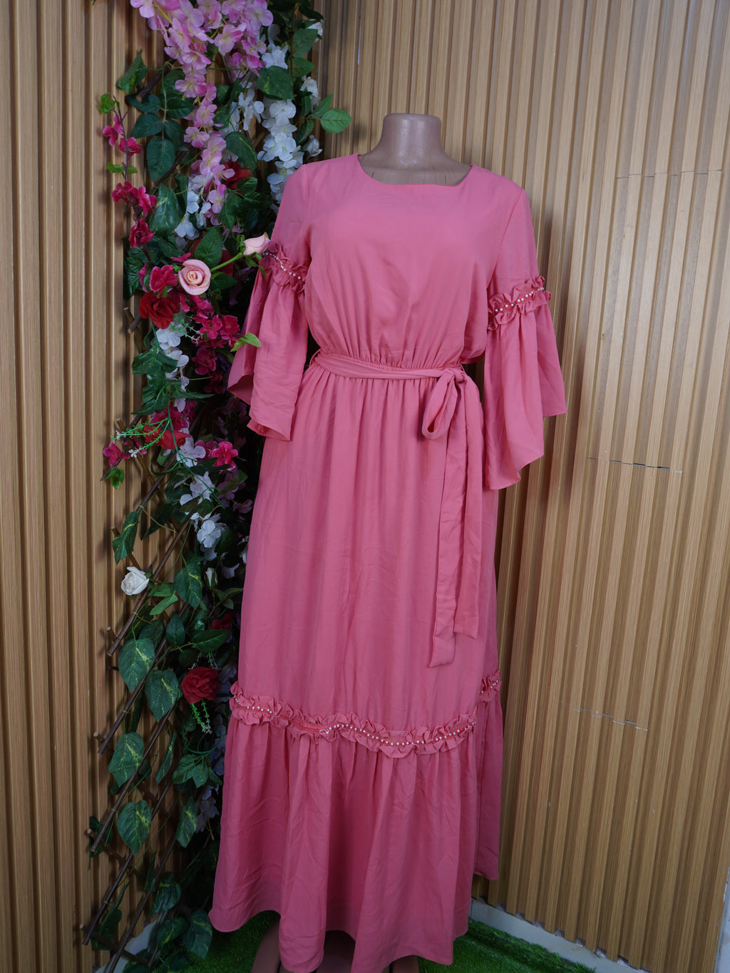 Robe évasée longue manches 3/4 ceintrée-S