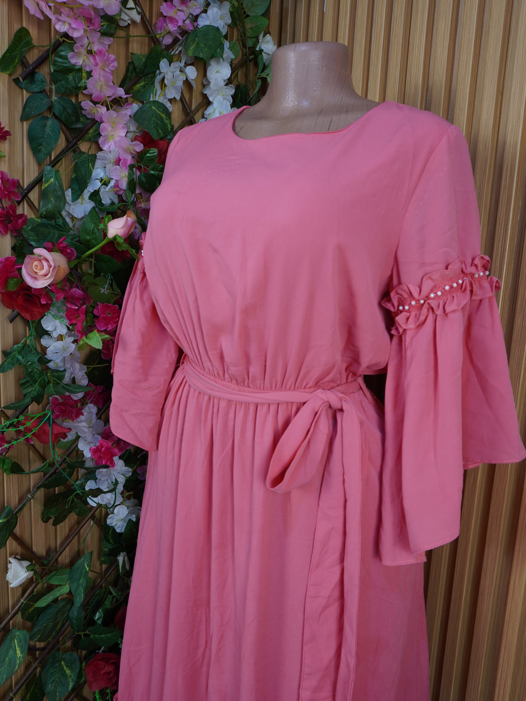 Robe évasée longue manches 3/4 ceintrée-S