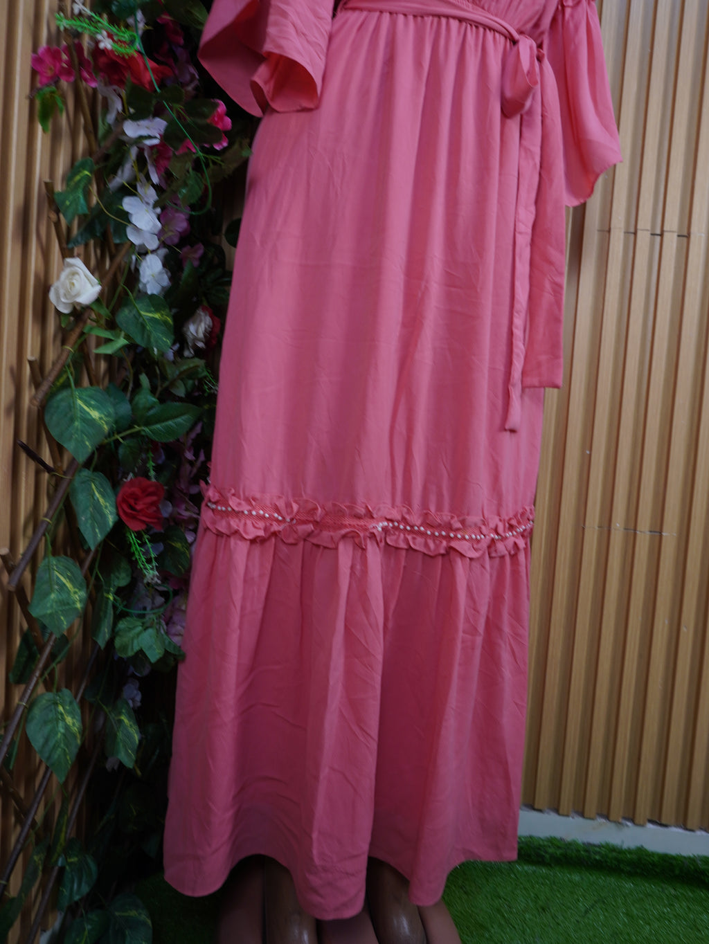 Robe évasée longue manches 3/4 ceintrée-S