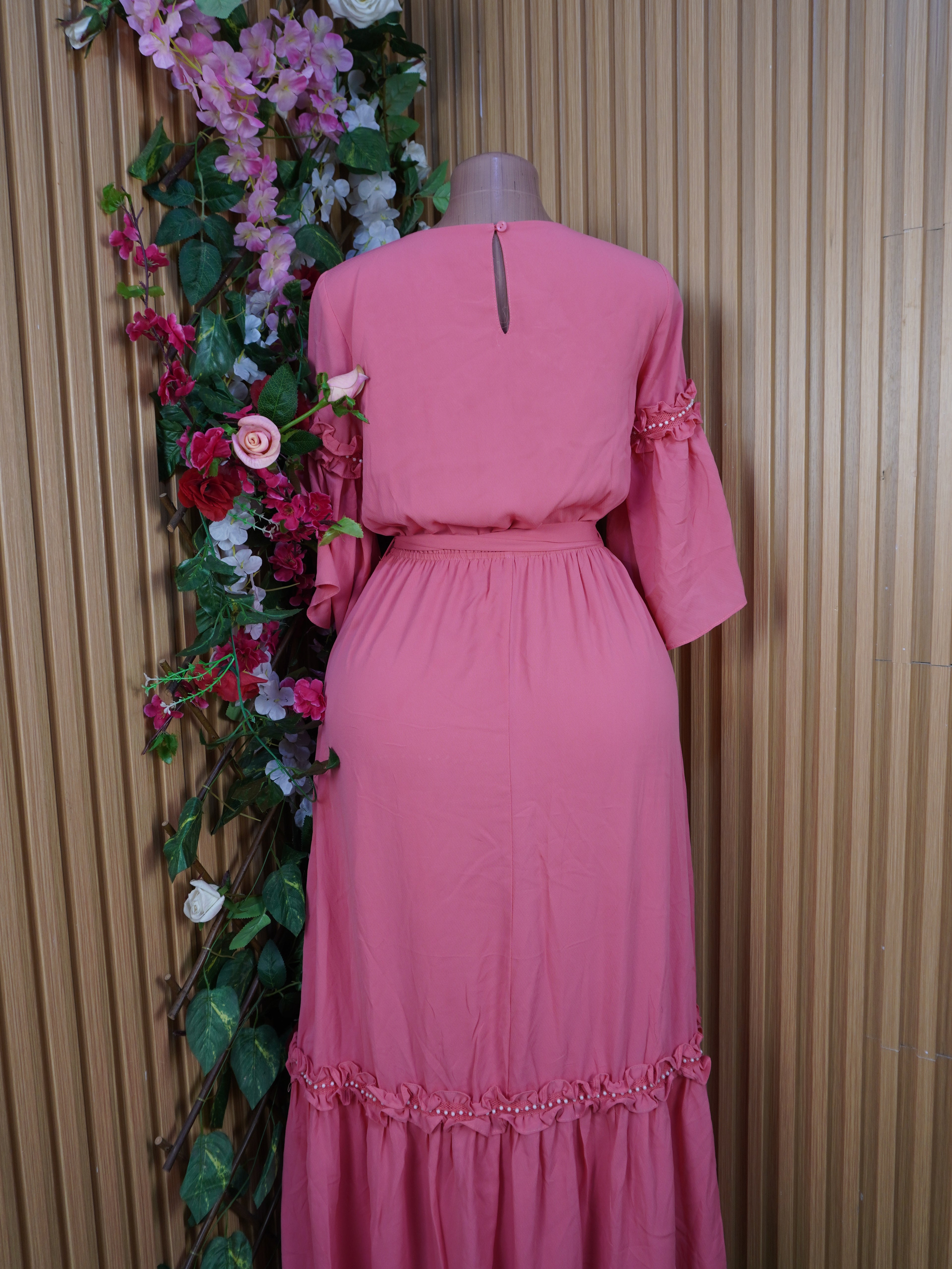 Robe évasée longue manches 3/4 ceintrée-S