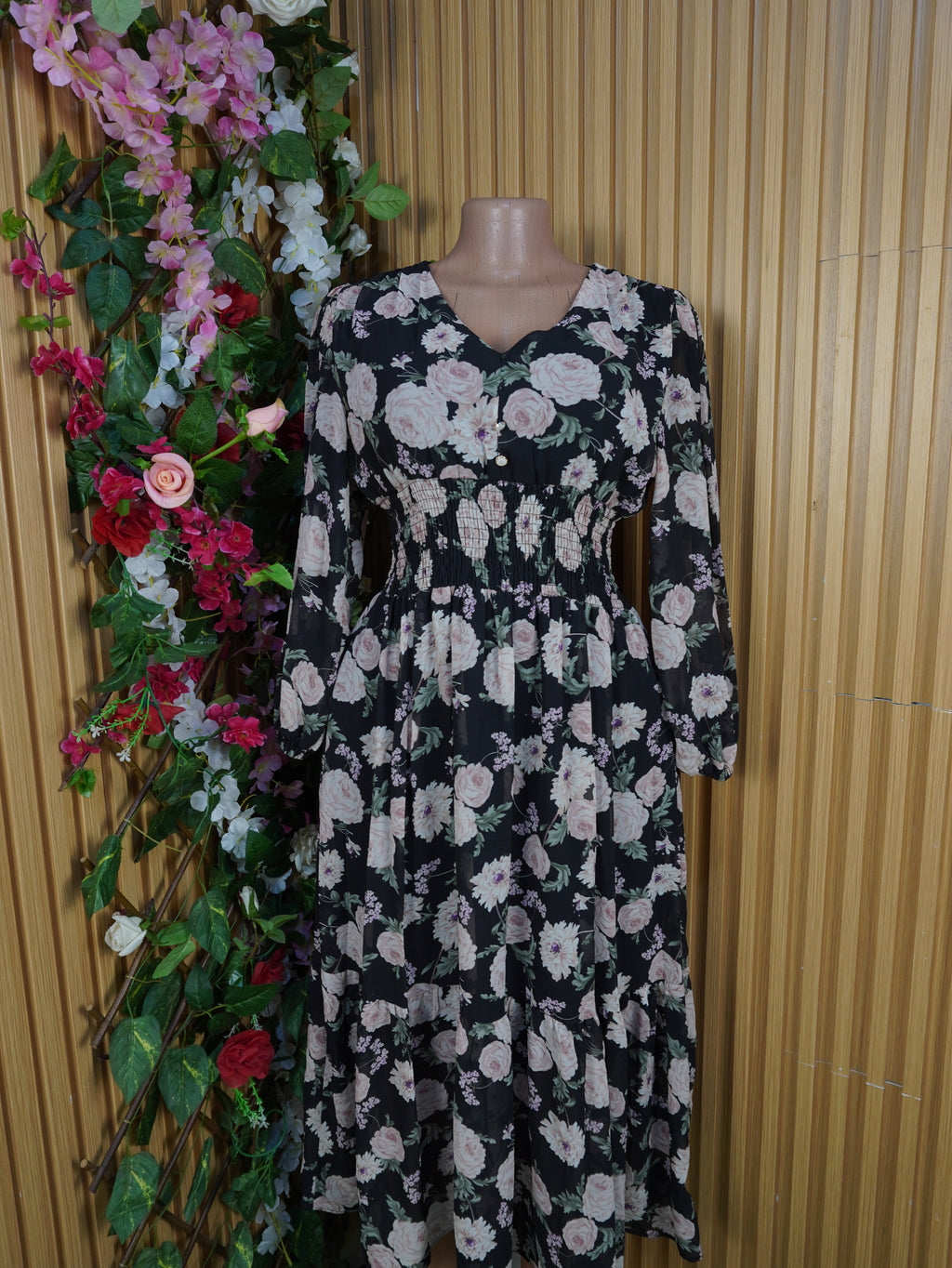 Robe évasée longue manches longue imprimée fleurie-S