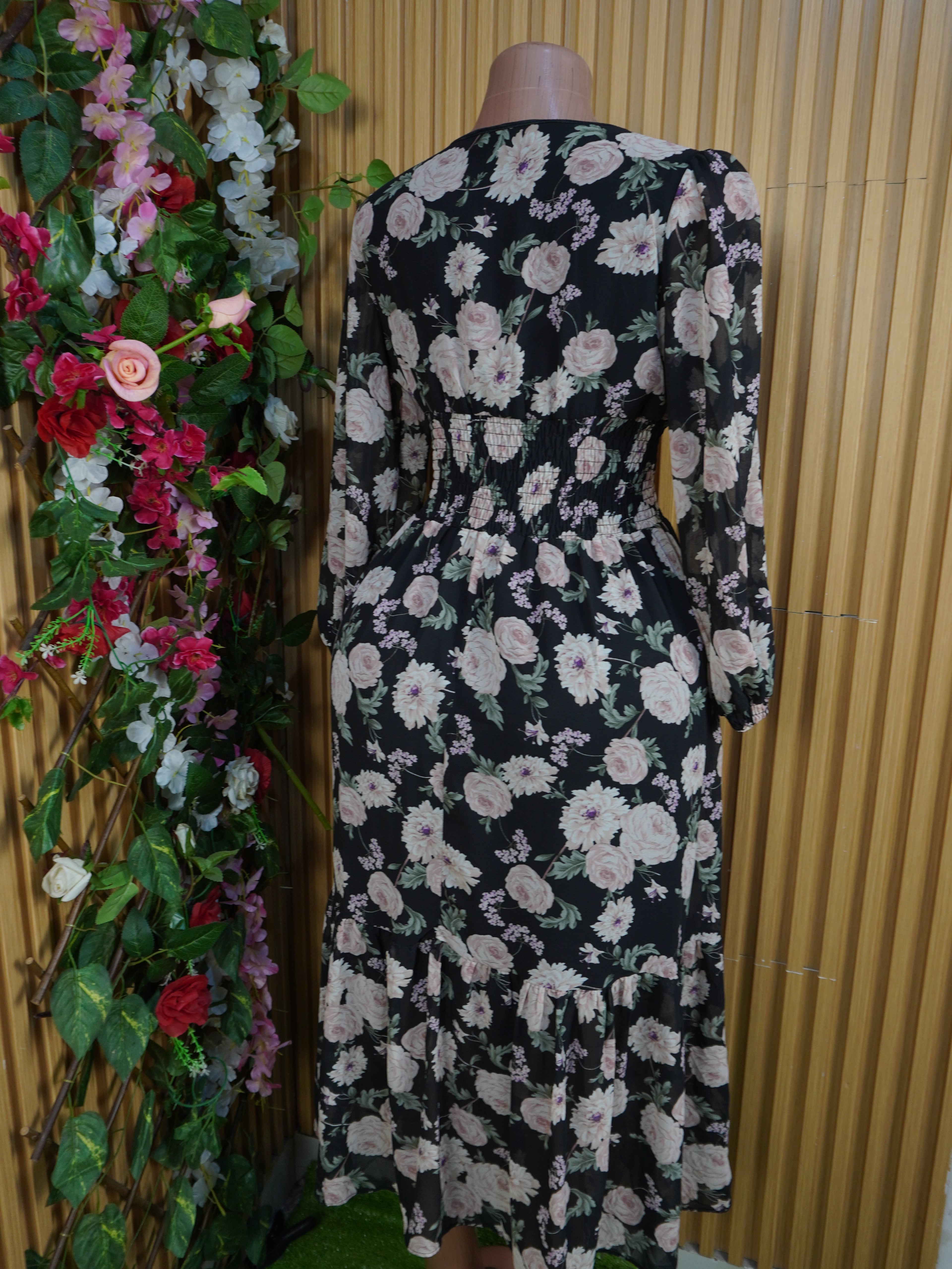 Robe évasée longue manches longue imprimée fleurie-S