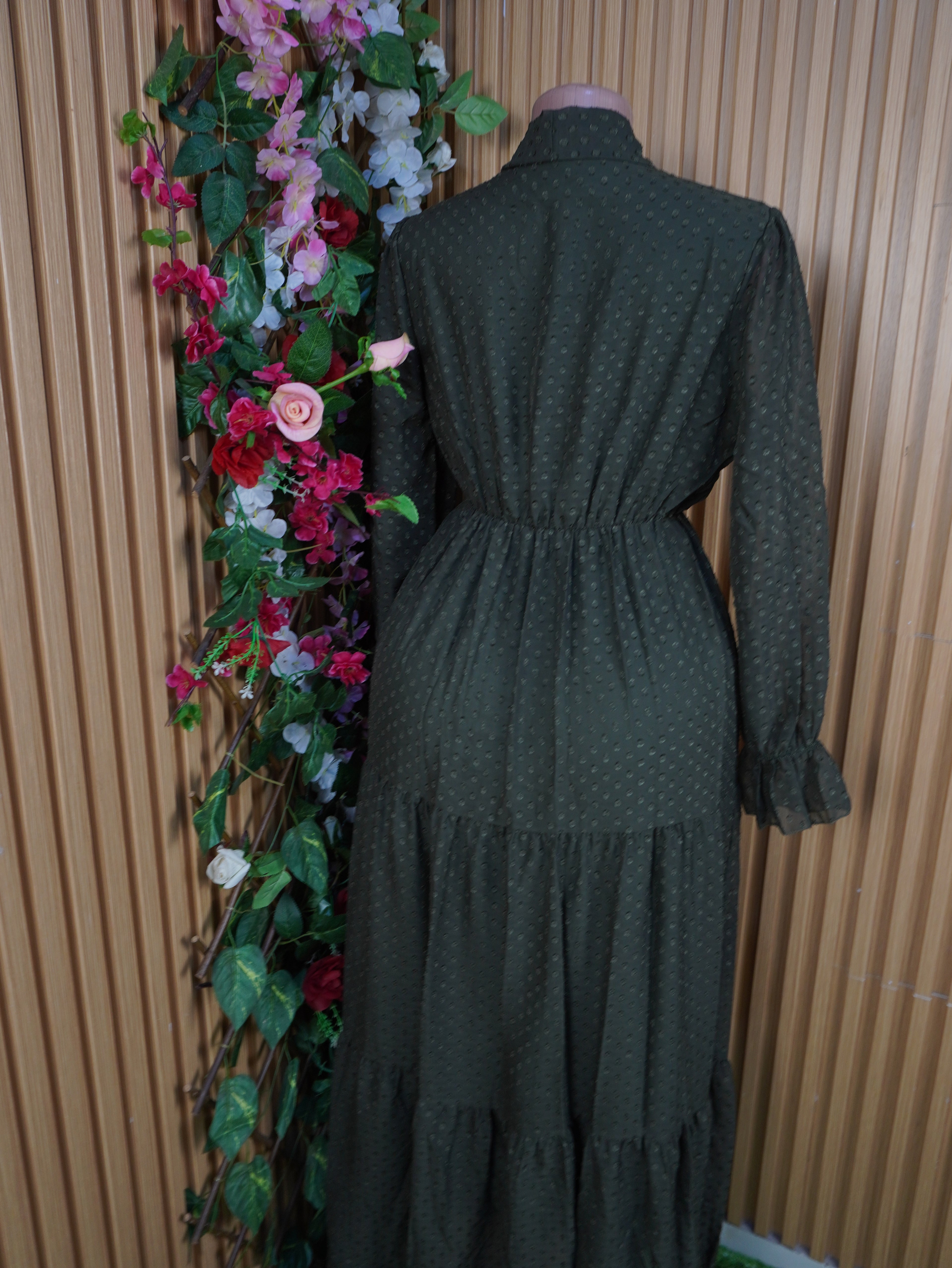 Robe évasée longue manches longues ceintrée-M