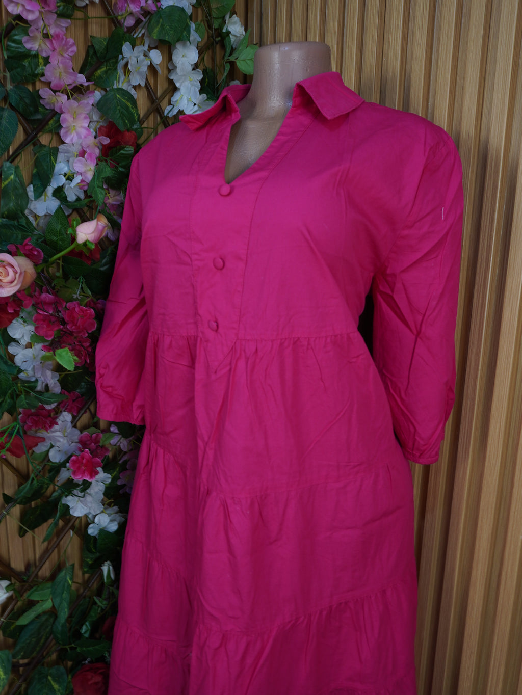 Robe évasée longue manches 3/4 col chemise-XXL